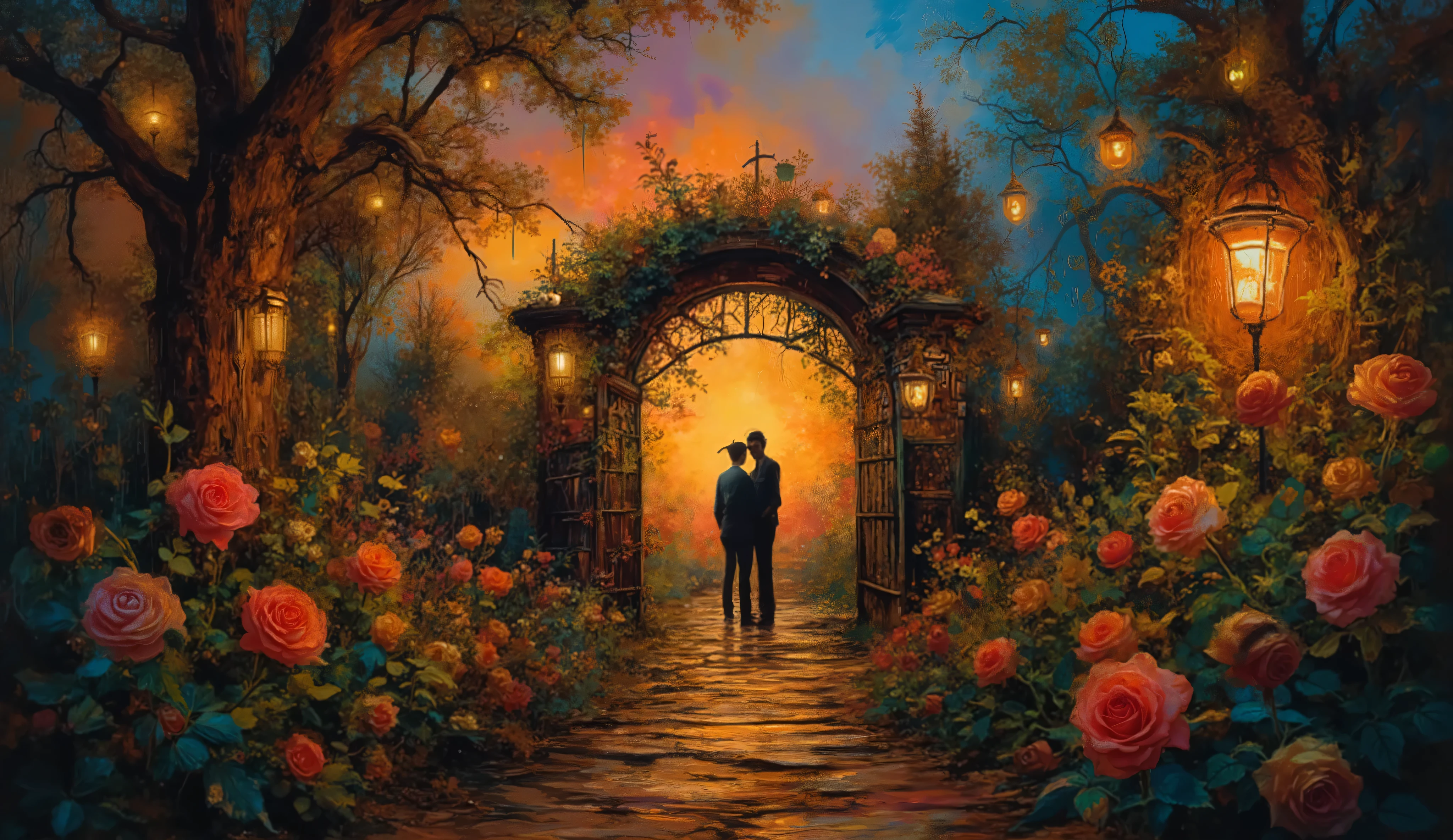 mystical garden scene at twilight with luminous roses in foreground, path winding through mysterious archways covered in climbing plants, dramatic chiaroscuro lighting, couple silhouetted at garden gate, cinematic composition with leading lines, muted color palette with accent lighting on roses