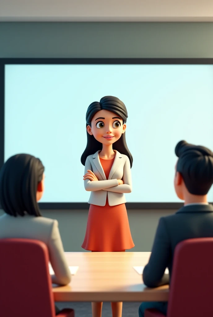 3d cartoon of a woman, short, straight and black hair, black eyes, she is standing in the office, looking straight ahead, wearing formal clothes, giving a presentation