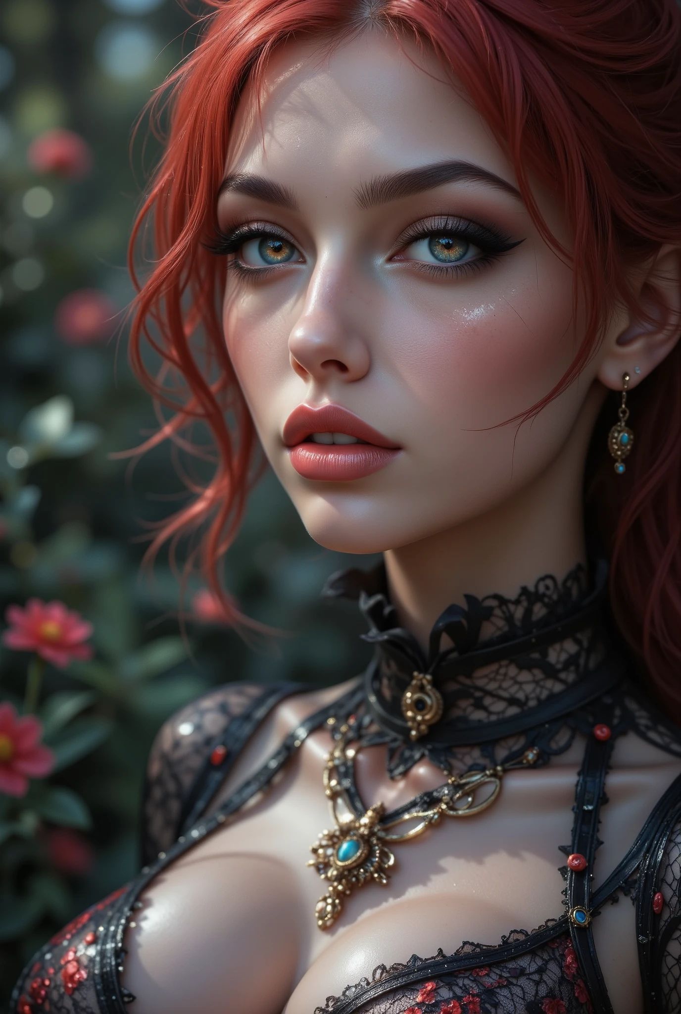 Realistic ((Photorealistic realism)), Hyper high resolution, ((Hyper insanel quality, epice masterciece, intricately detailed digital art)),((focus on extremely Realistic Proportion Body:1.3),"Portrait of {a woman, wearing a dress, standing in a garden}."(ultra realistic texture details: velvety skin, hair), ((sharp focus, no blurry eyes, Hyper absurd quality, Hyper details, Hyper realistic brown_eyes:1.4)),((extra narrow eyebrows)),(Carefully draw Long blue_mascara:1.12),(perfect round eyes), (finely detailed pupils, (extremely fine details pupils)), detailed lips:1.3, (apply glossy red_lipstick:1.23), (perfect proportions:1.2), ((White tight Dress made of lace fishnet), (Dolce & Gabbana, Floral style:1.2)), (elegant fashion, intricate details:1.2), ((clothes made of silk and flower), (Wearing tight fitting dresses)), (Ruffled Black Gothic Punk Skirt (Intricately details multi-layer, lace with fishnets:1.3), (golden lace-up:1.3)), dslr, high quality split lighting, sharp focus captured by Fujifilm XT3, f 5.6,(perfect composition),((look at the viewer)), HDR, UHD, studio lighting, physically-based rendering, vivid colors,