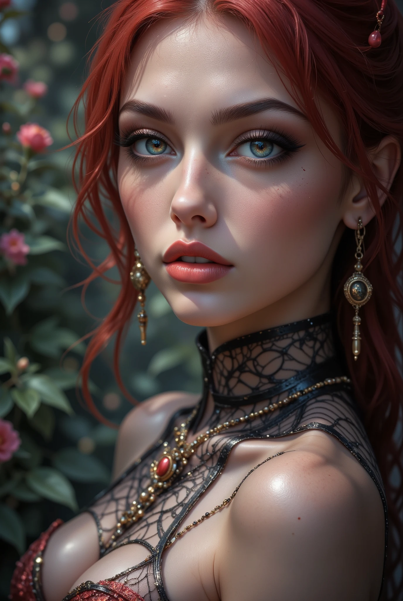 Realistic ((Photorealistic realism)), Hyper high resolution, ((Hyper insanel quality, epice masterciece, intricately detailed digital art)),((focus on extremely Realistic Proportion Body:1.3),"Portrait of {a woman, wearing a dress, standing in a garden}."(ultra realistic texture details: velvety skin, hair), ((sharp focus, no blurry eyes, Hyper absurd quality, Hyper details, Hyper realistic brown_eyes:1.4)),((extra narrow eyebrows)),(Carefully draw Long blue_mascara:1.12),(perfect round eyes), (finely detailed pupils, (extremely fine details pupils)), detailed lips:1.3, (apply glossy red_lipstick:1.23), (perfect proportions:1.2), ((White tight Dress made of lace fishnet), (Dolce & Gabbana, Floral style:1.2)), (elegant fashion, intricate details:1.2), ((clothes made of silk and flower), (Wearing tight fitting dresses)), (Ruffled Black Gothic Punk Skirt (Intricately details multi-layer, lace with fishnets:1.3), (golden lace-up:1.3)), dslr, high quality split lighting, sharp focus captured by Fujifilm XT3, f 5.6,(perfect composition),((look at the viewer)), HDR, UHD, studio lighting, physically-based rendering, vivid colors,