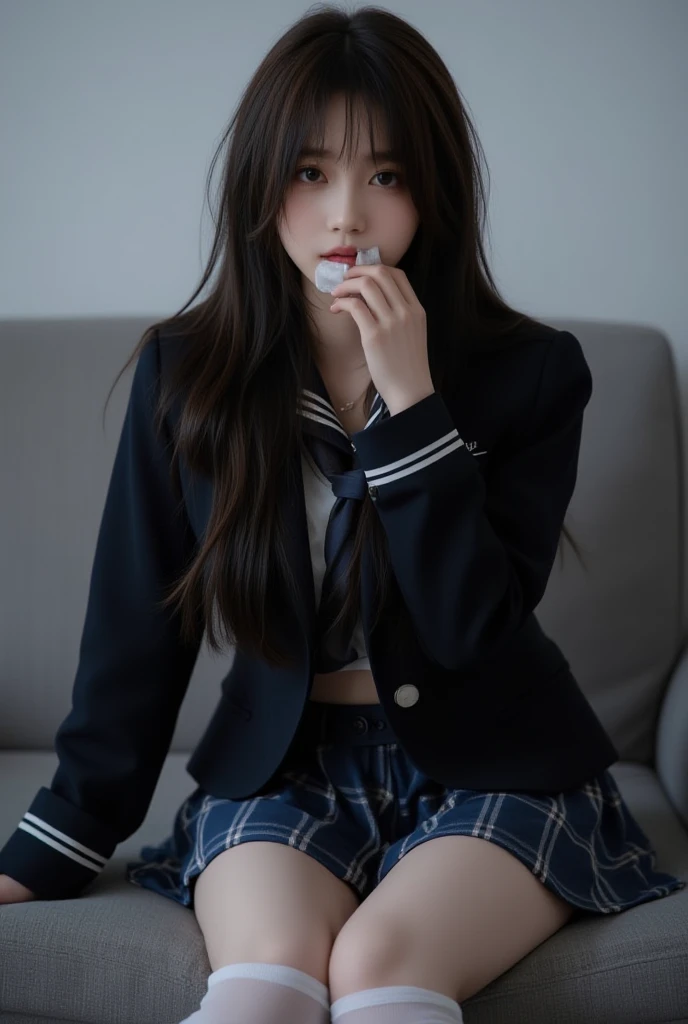 (8K), (highest quality: 1.2), (realistic), (realistic: 1.37), ultra high resolution, 1 girl, cute, smile, closed mouth, thick lips,red lip,beautiful details, beautiful nose, (straight black hair), giant dulcefo, Self snap,(University Student Uniform:1.2),(Black oversized hoodie:1.2),(school uniform pleated skirt:1.2),(Opaque over-the-knee socks:1.3),Squatting in the city at night, From above,close up on face,
