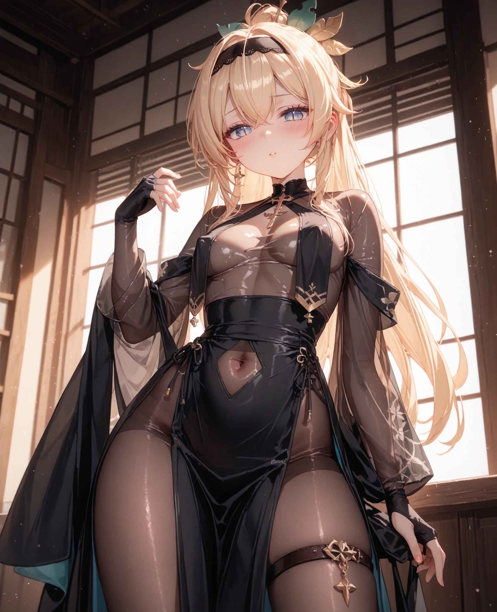 highest quality、Highest image quality、masterpiece、Super beautiful elf beauty from behind((22 years old OL big bust、Bust 98,beautiful long ironed hair、blonde、、slender、close up 2.0、Esbian、beautiful tiara、High quality、beautiful art、muste piece、visual art、Depth of bounds written、low angle of morning sky、、elf ears、、magic of light、A happy smile、gentle light、、Beautiful legs that are gentle on the skin、、、Number of fingers to achieve precise finger movements、ticker beautiful decorative、elegant、mystical rosa、 beautiful dressy、Beautiful bedroom、、sexy、friendly smile、lingerie、underwear、 body stocking. nsfw
(gorgeous body stocking:1.3), (intricate lace:1.4), (see thorough:1.5), (morning1.5)sunrise