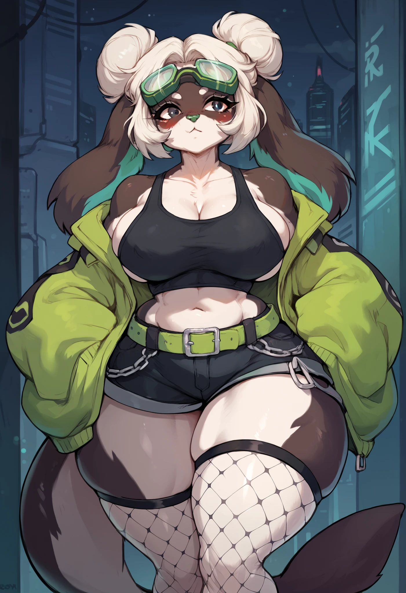 Anthro_dog, female, (white bun hair), (cleany drawn eyes, black eyes), orca dog, ((black and white fur)), green nose, big breasts, solo, Masterpiece, best quality, highly_detailed, anthro_only, (chubby), ((wide hips, thick thighs)), orca tail, dog ears, (tall dommy_mommy), by Riolutiny, shy, cute, blushing, ((orca fur)), oversized jacket, open jacket, black and green jacket, black tank top, cropped top, ((oversized belt)), green belt, black shorts, left leg sock, right leg fishnet, black gloves, green goggles, big eyelashes, PonyScores, cute, ExpressiveH, SFW, safe, cyberpunk, ((orca fur))