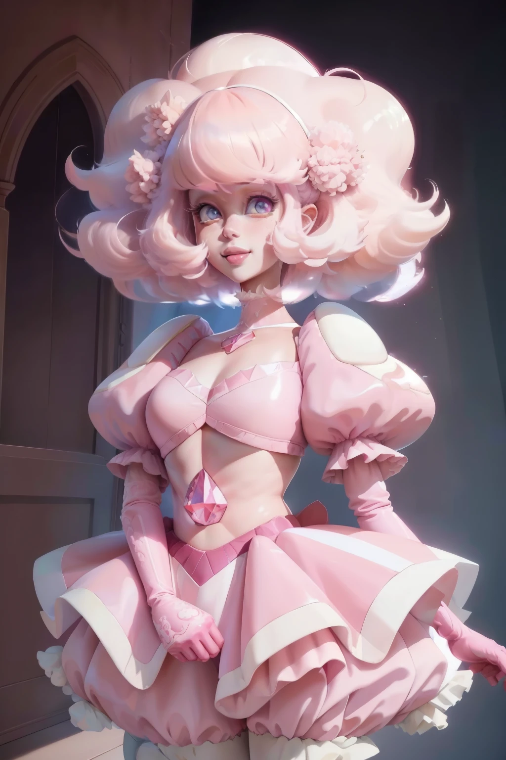 pnkdamond, pink hair, pink eyes, big hair, stomach gem, pink skin, toned,
puffy short sleeves, elbow gloves , white thighhighs, puffy dress,
standing, upper body,
outerspace,
(insanely detailed, beautiful detailed face,beautiful detailed eyes, masterpiece, best quality) cinematic lighting, smile,