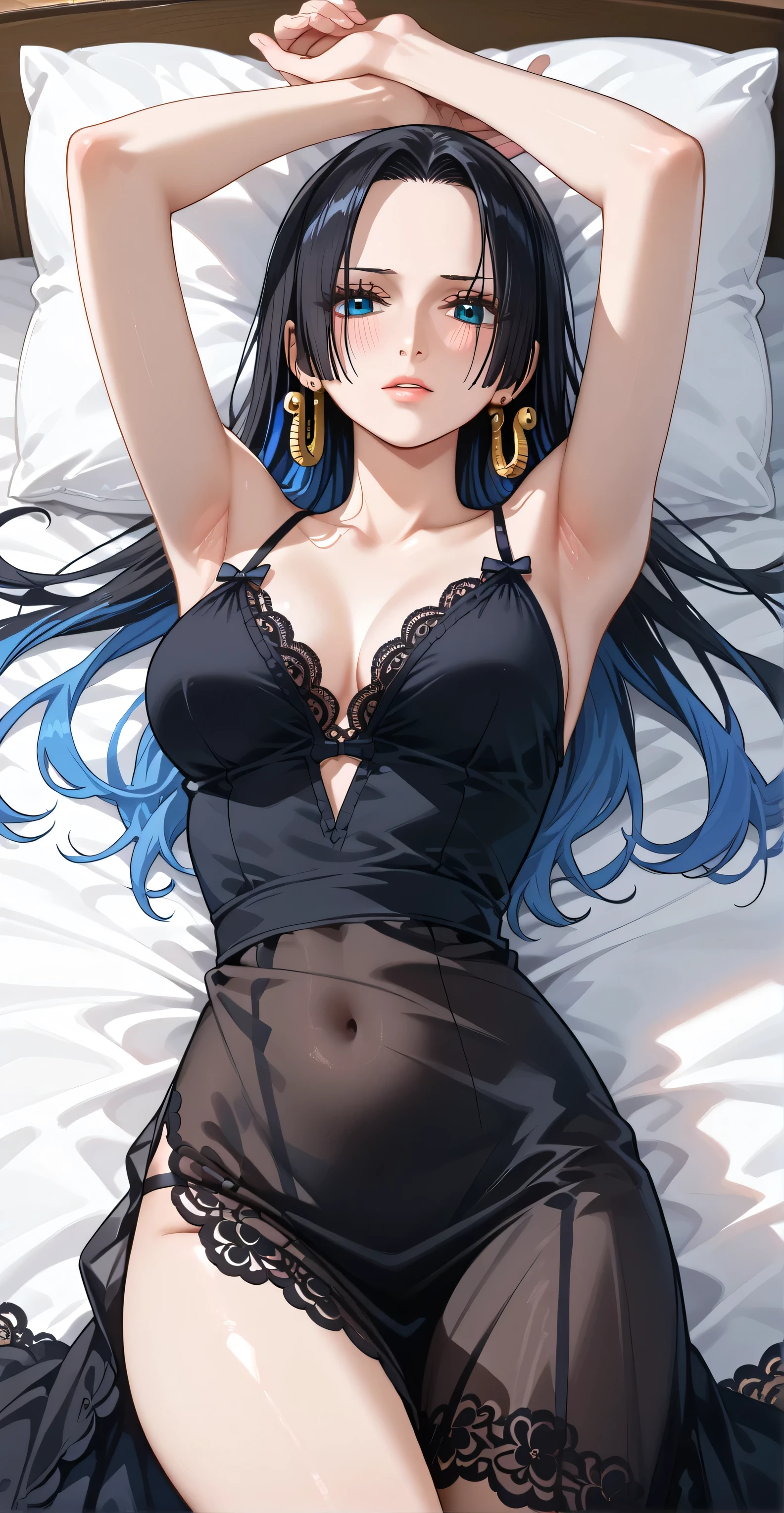 Boa hancock, Black hair, dark blue eyes, earrings, ear piercing, multicolored hair, score_9, score_8_up, score_7_up, source_anime, masterpiece,best quality, medium breasts, l, shy, Black nightdress, transparent, cool face, looking at viewer, laydown on bed, showing armpit