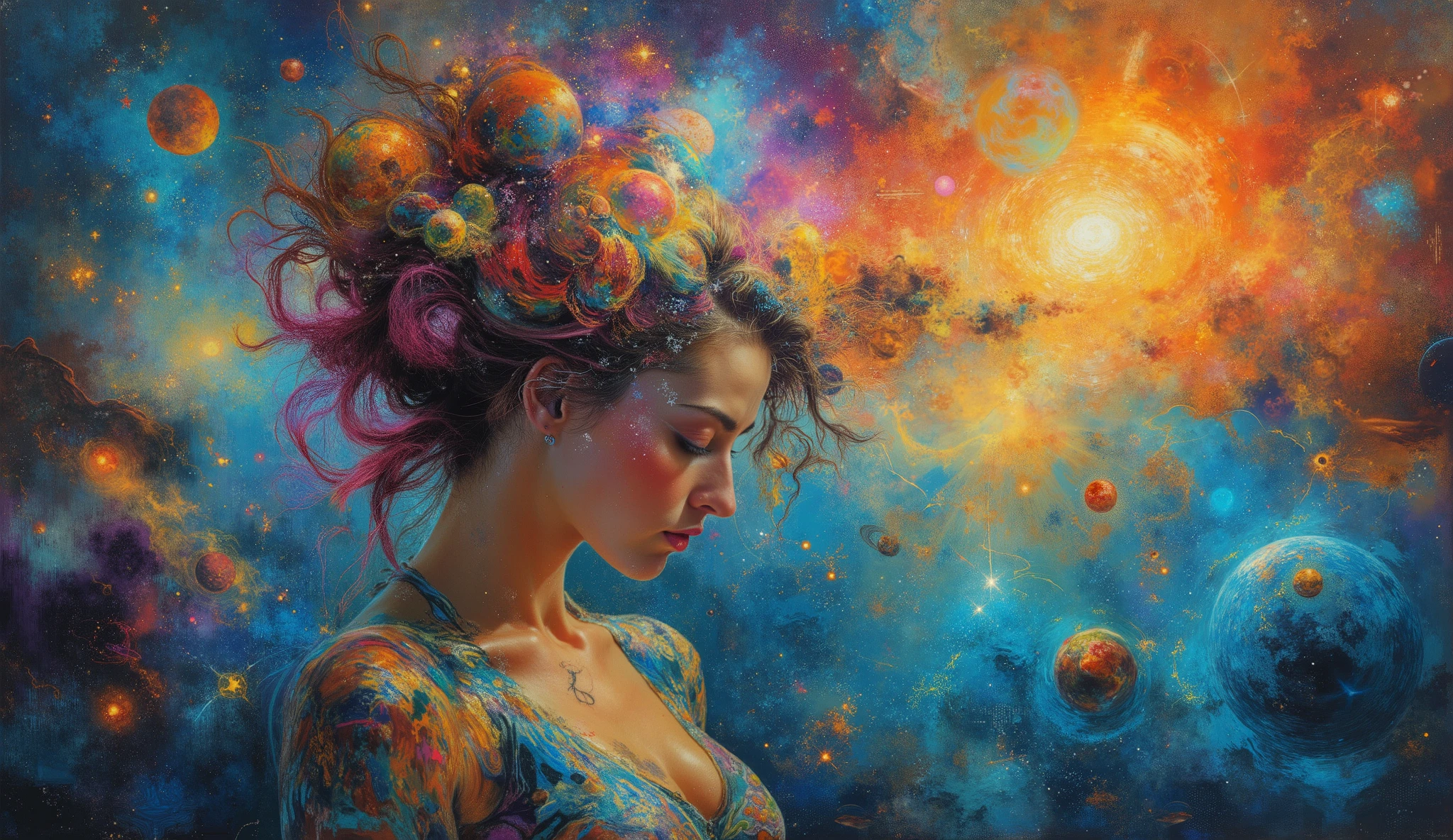 a woman with a serene expression, her profile facing to the right. Her hair is transformed into a cosmic scene, filled with vibrant colors and celestial bodies, including planets and stars. This imagery suggests a blend of human consciousness and the vastness of the universe, symbolizing creativity, knowledge, and interconnectedness with the cosmos. The background features a gradient of blues, enhancing the ethereal feeling of the piece. The detailed tattoos on her shoulder add an artistic touch, further emphasizing the fusion of human and cosmic elements.