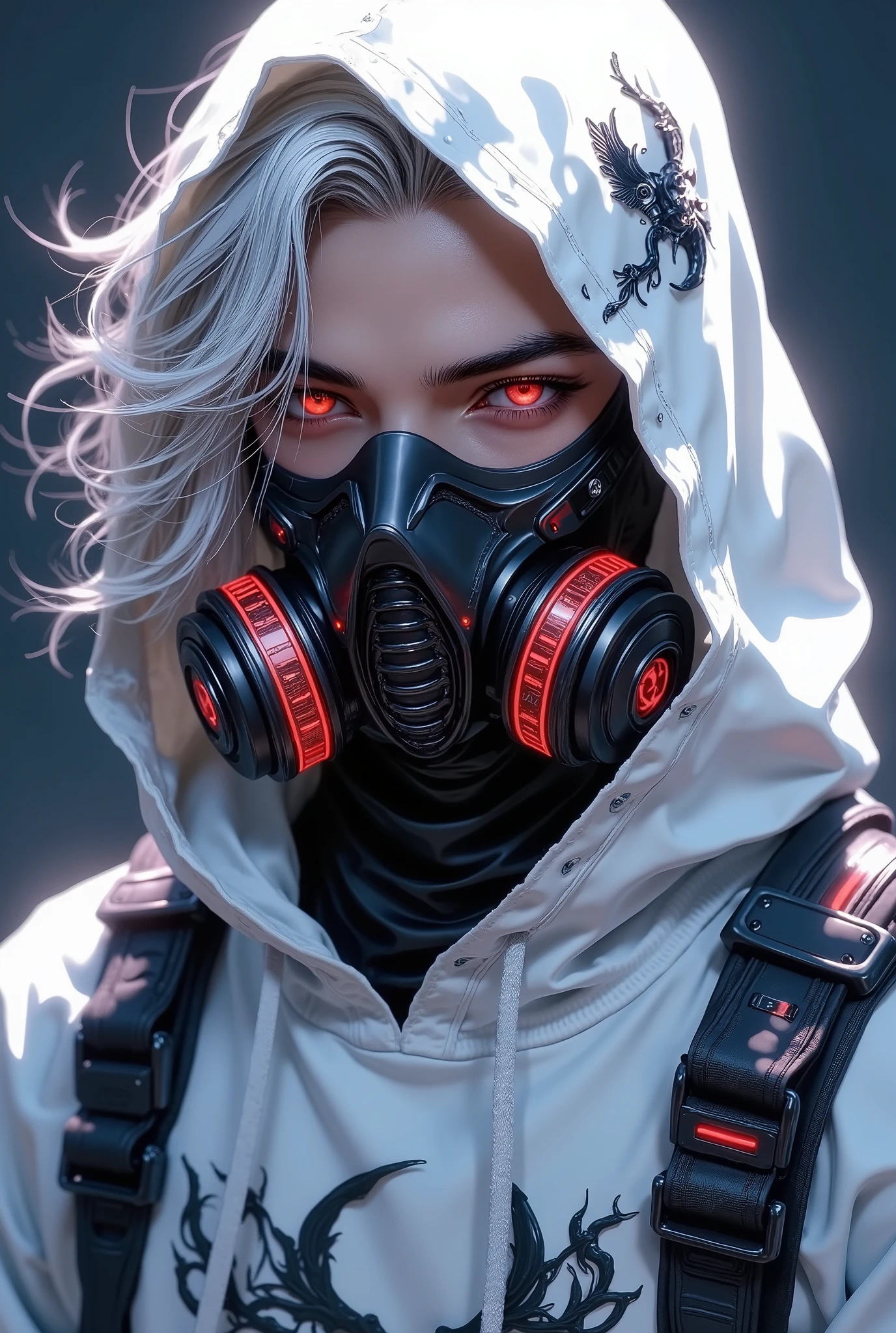 dark fantasy illustration, high detail fantasy anime, a highly stylized and vivid digital artwork featuring a futuristic and cyberpunk aesthetic. The character is adorned in a white hoodie with intricate black patterns and a skull motif, complemented by a futuristic gas mask with glowing red accents. The hoodie is paired with a tactical vest that includes straps and buckles, adding to the overall edgy and high-tech appearance. The character's hair is white and wavy, cascading over the shoulders, and their eyes are striking with a bright red hue, enhancing the cyberpunk vibe.