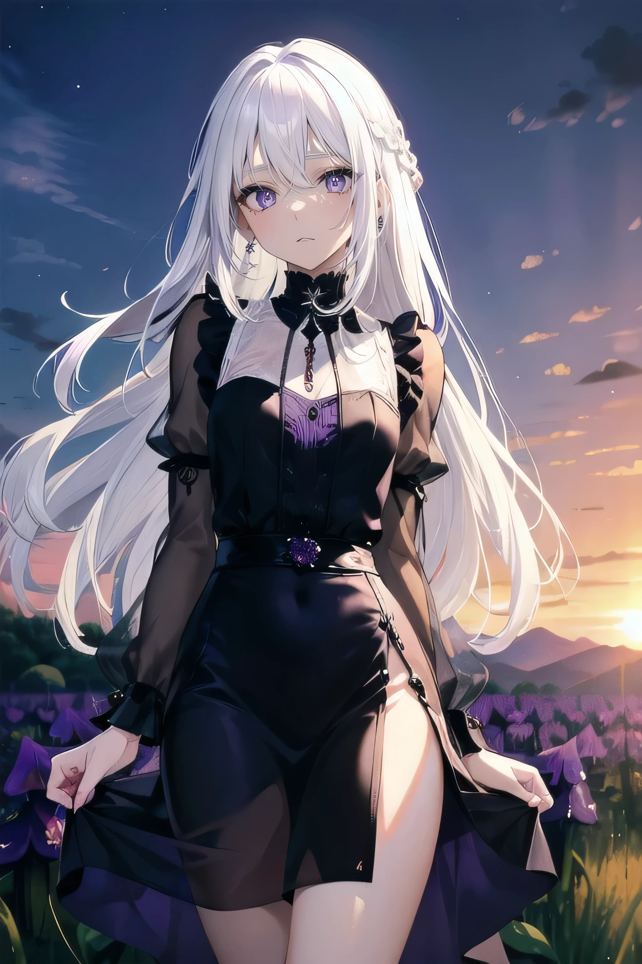 1girl, ((medium-small breasts)), standing in a flower field, (((happy))), crying, happy tears, tears, crying with eyes open, smile, ((full-face blush)), (thin eyebrows:-1), ((straight hair)), (hair intakes:1), white hair, (very long hair), purple eyes, (pointy ears), (((from front))), close-up, ((sunset)), flower field, meadowlands, masterpiece,
