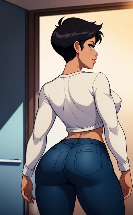 ((ultra quality)), ((masterpiece)), Lois Lane, ((black short hair tomboy hairstyle)), (Beautiful face), (beautiful female lips), (), charming, ((sexy facial expression)), (Dark skin color), (dark skin), glare on the body, ((detailed beautiful female eyes)), ((dark brown eyes)), (juicy female lips), (dark eyeliner), (beautiful female hands), ((ideal female figure)), ideal female body, beautiful waist, gorgeous thighs, beautiful medium breasts, ((subtle and beautiful)), sexy worth (), (White shirt, Black jeans) background: office, ((depth of field)), ((high quality clear image)), (clear details), ((high detail)), realistically, professional photo session, sitting, looking back at viewer, (ass support:1.3)