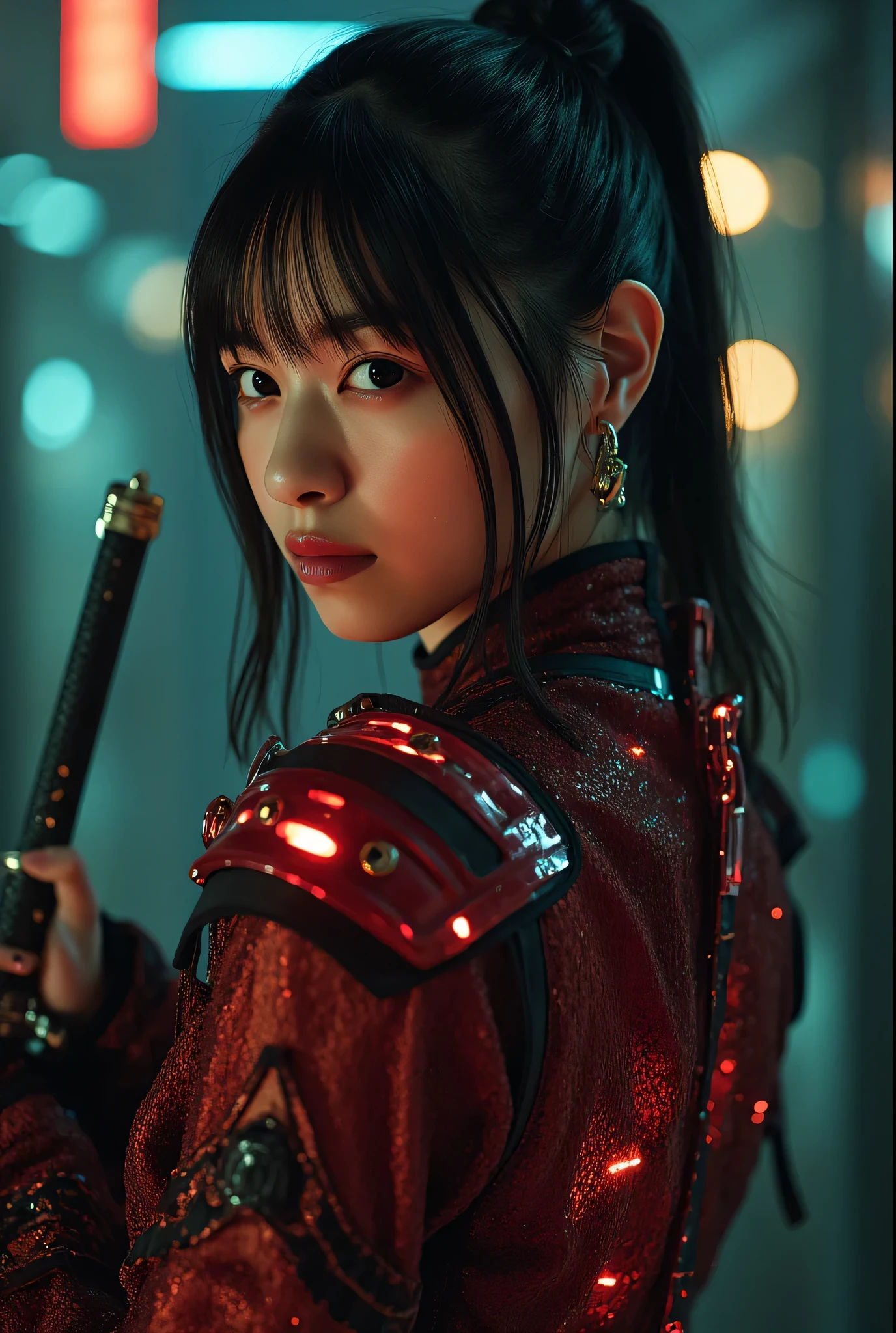 (((The dark interior of the Nostromo ship :2.0))),((( HR Gigger Style Cyberpunk Atmosphere :2.0))),(((Hold a cyberpunk-style Japanese sword:2.0))),Side view from the back ,Side pose,(( Look Back and Look at the Camera:2.0)),(( Looking Over My Shoulder :2.0)),Rear View,((whole body:2.0)), one woman,( cute face),(Beautiful well-balanced face ),(( natural big breasted :2.0)),( black hair:1.5),( beautiful eyes:1.3), glamorous shot of a 20 year old Japanese woman , Slender Beautiful Body ,(( model body type:2.0)),(( slim body with hot water:1.7)), perfect body line , ideal proportions ,( big breasts:1.5),Bare thighs, sensual thighs, delicate body,( Muscular:1.5),A harmonious posture,((Beautiful ass:2.0)),((cute ass:2.0)), ((((Bare ass :2.0)))),((( T-back :2.0))),(Realistic breast depiction :1.5), carefully depicting limbs based on perfect anatomy,Filled with multicolored LEDs,((Futuristic samurai armor style red and black glowing super high-leg leotard :2.0,((, a camy-like shiny iron super high-leg leotard that fits the body :1.5)),(( red samurai coat style military coat with the front open over a leotard:1.5)),((Coat with iron decoration :2.0)),((Tactical Holster:1.5)),( gloves:1.3), concept art ,( top quality:1.5),( Masterpiece:1.5),(Super high resolution),resolution,UHD,( delicate depiction), carefully drawn with butterfly wings ,32K,(( realistic skin texture:1.5)),((( Super realistic :1.5))), eyelashes,Highly detailed faces,Highly detailed female hand,Very sensual,(Blurry Dim Backgrounds :1.5), professional photography,( Movie Lighting:2.0),(( Blade Runner Style Lights :2.0))
