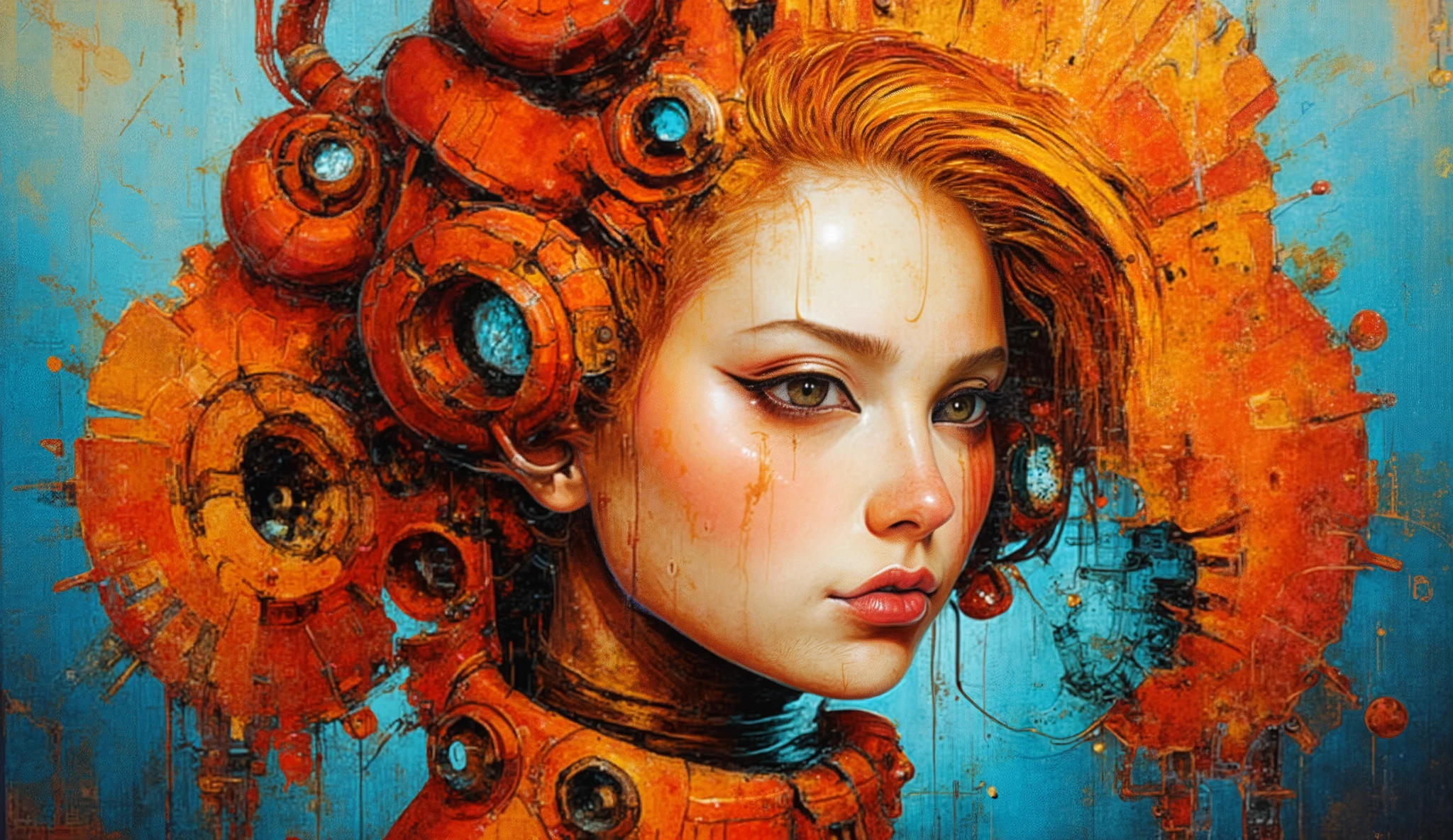  a striking, futuristic portrait of a young woman with vibrant orange hair. Her face is set against a backdrop of abstract geometric shapes and mechanical elements, blending organic and technological themes. The color palette is rich with oranges, reds, and soft blues, creating a visually dynamic contrast. The composition suggests a fusion of human and machine, with circular forms and intricate details surrounding her head, enhancing the modern, digital aesthetic. The expression on her face is thoughtful, adding an element of intrigue to the artwork.