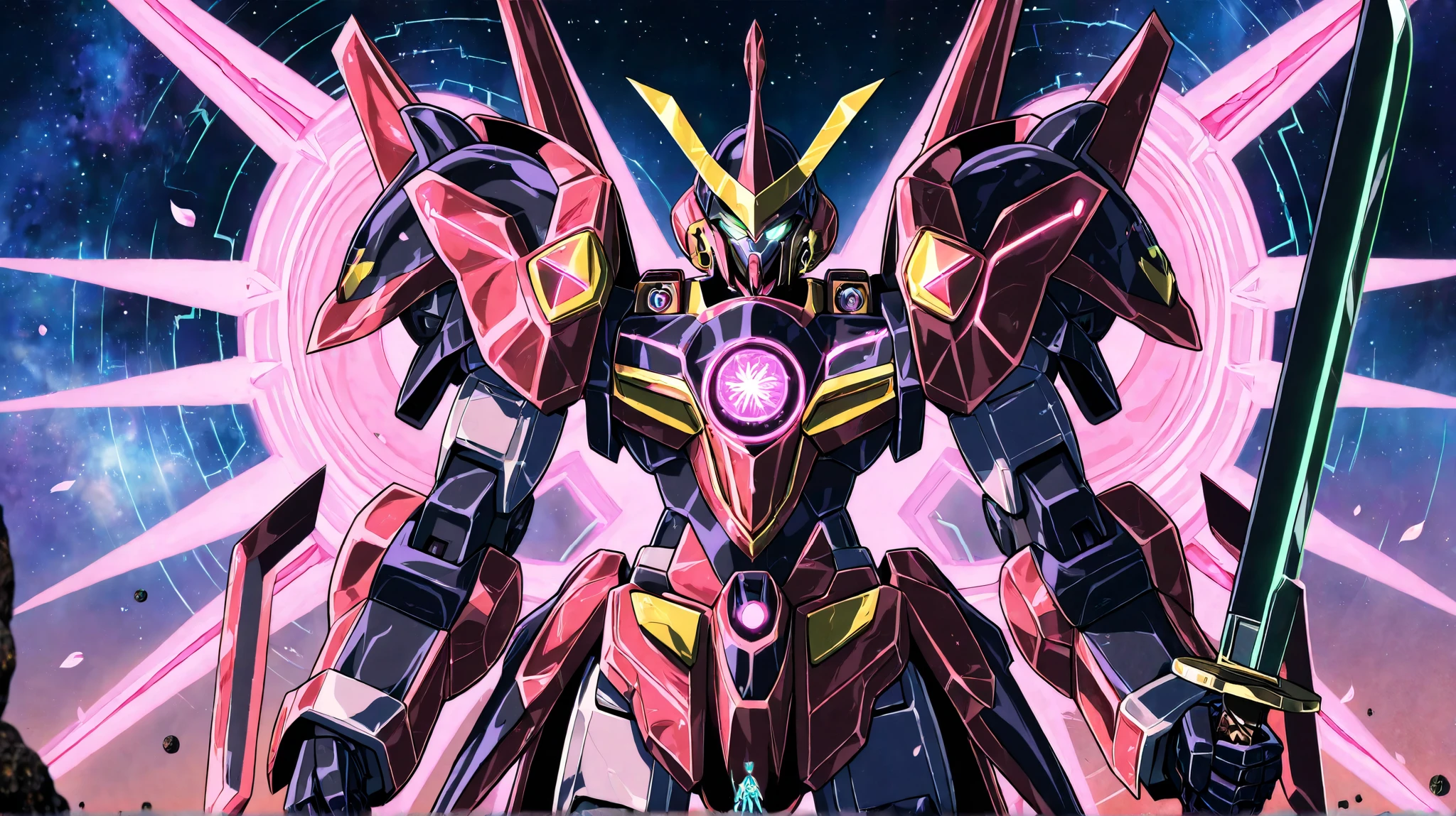 Anime cinematic still, [cyber samurai leaping through asteroid belt], traditional red lacquer armor with glowing orbital diagrams, [plasma katana creating rainbow shockwave], zero-gravity kimono sleeves blooming like solar flares, (mecha kabuto helmet with holographic men-yoroi:1.2), shattered satellite reflecting sakura petals in vacuum, retro-futuristic space shogunate battleship background, [nebula eyes glowing with kanji constellations], cel-shading with airbrush gradients, by Yoh Yoshinari + Tetsuya Nomura style, 4k anime film still