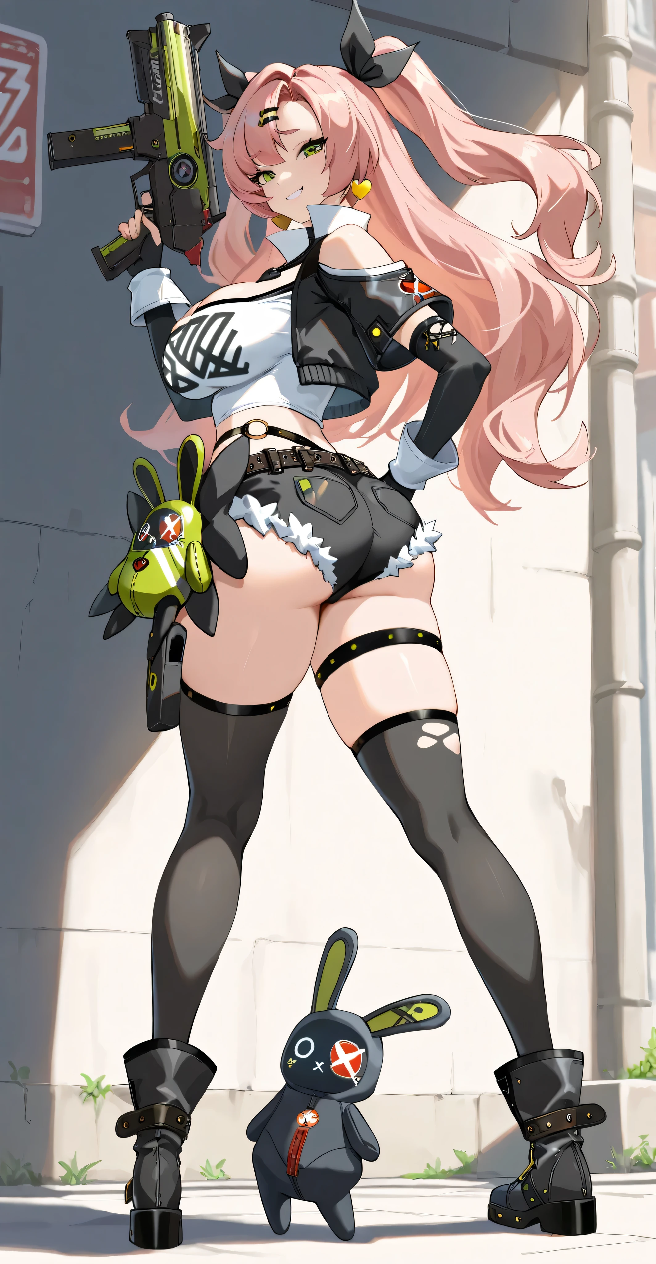 ultra-detailed, 1girl, nicole_demara, Zenless Zone Zero, (best quality), ((masterpiece)), (highres), 16K, green eyes, perfect face, long hair, pink hair, twintails, hair ribbon, wearing black shirt, wearing bootyshorts, black thighhighs, thigh straps, knee pads, holster, black gloves, belt, sports shoes, busty body, large breasts and a beautiful ass, showcasing cleavage, legs, hips, gun, holding gun, looking at viewer, smile, detailed full body, thigh details, street background,voluptuous, thick ass, huge hips