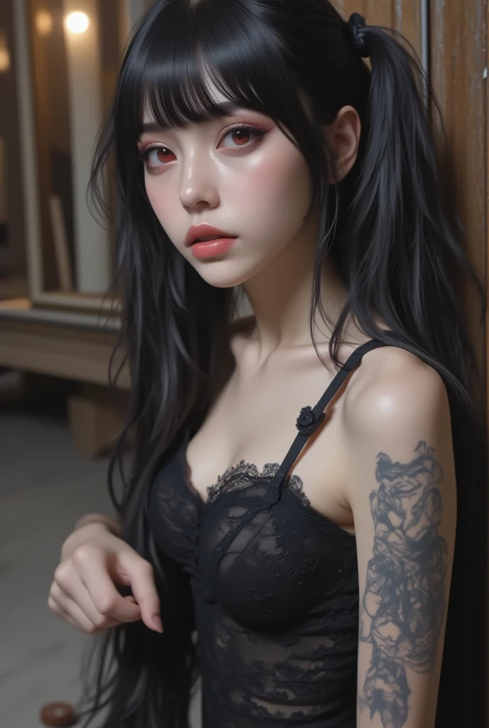 masterpiece, Highest quality, Very detailed, shape,(1 female),Beautiful attention to detail, View your audience, close, (breast focus), (From above:1.1), Huge breasts, black tattoo, tattoo, chest tattoo, arm tattoo, rib tattoo, breast tattoo, cleavage tattoo, neck tattoo, shoulder tattoo, huge tattoo，(Small and beautiful nipples)
