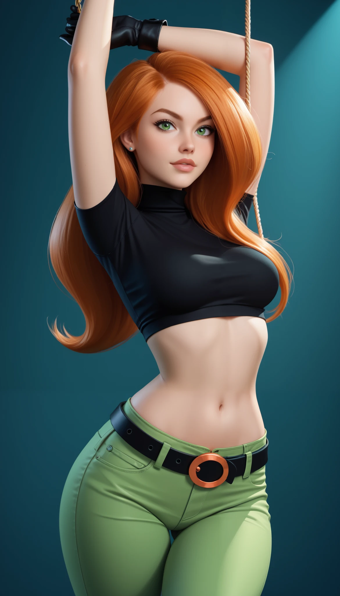 kim possible,1girl,solo,long hair,black gloves,navel,green eyes,midriff,belt,green pants,orange hair,black crop top,turtleneck,kim possible,1girl,solo,long hair,black gloves,navel,green eyes,midriff,belt,green pants,orange hair,black crop top,turtleneck, beautiful indoor background, dancing, she is dancing, arms up, hips swaying, hip swing