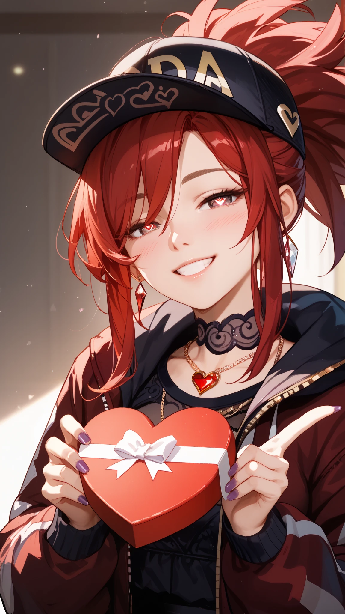 masterpiece, high resolution, best quality ,8k ( KDA Akali ) (red cap) (red hair) (gothic necklace) (red diamond jacket) valentine's day outfit, peace pose, blushing, ebarrasing,updo hair, alone, high purity eyes, closing one eye, smile , half closed eyes, long purple nails, close view, look perverted, holding a heart box , heart eyes