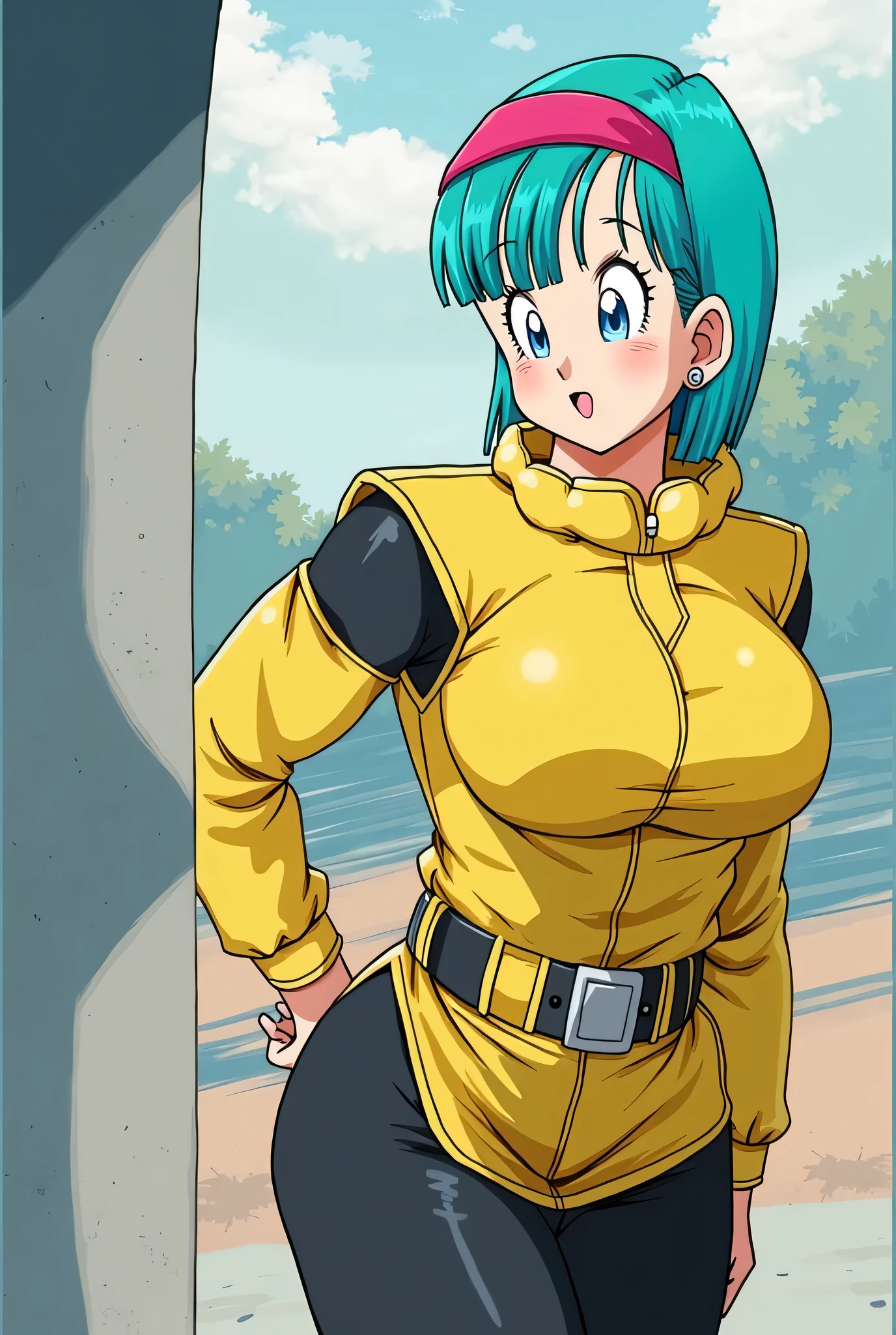 source_anime, score_9, score_8_up, score_7_up, anime screencap, bulma, namek saga, 1girl 1boy, breasts, looking at viewer, big breasts, smile, breasts grab by boy in sexual way, hands on breasts by boy, in a sexual way, breasts pose, short hair, blue eyes, yellow jacket, yellow skirt, pantyhose, belt, black pantyhose, aqua hair, smile, happy, fringe trim, red hairband,