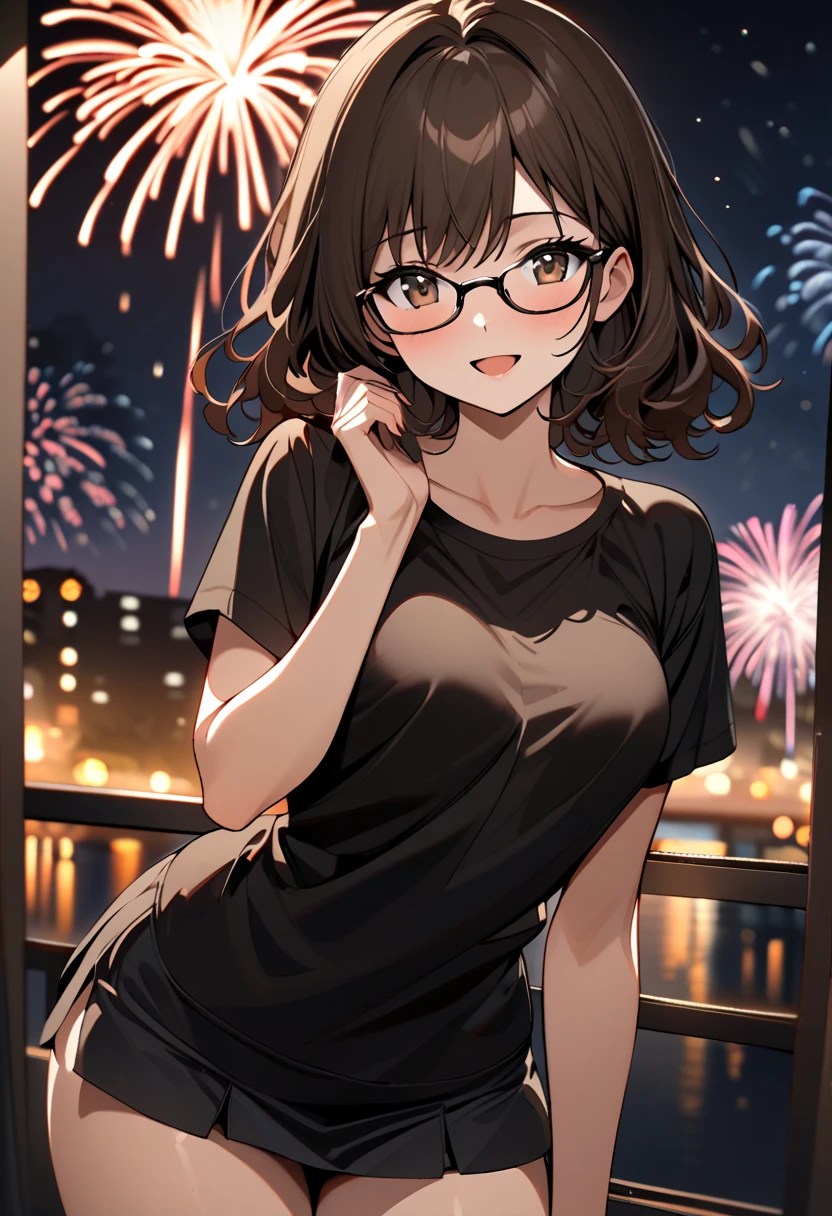 (masterpiece, best quality:1.2), ultra-detailed, high quality, highres, 1girl, solo, pretty woman, beautiful and perfect face, smile, open mouth, glasses, brown hair, single hair bun, looking at viewer, pink big size t-shirt, from behind, standing, feet, full body, outdoors, view of the night sky, fireworks