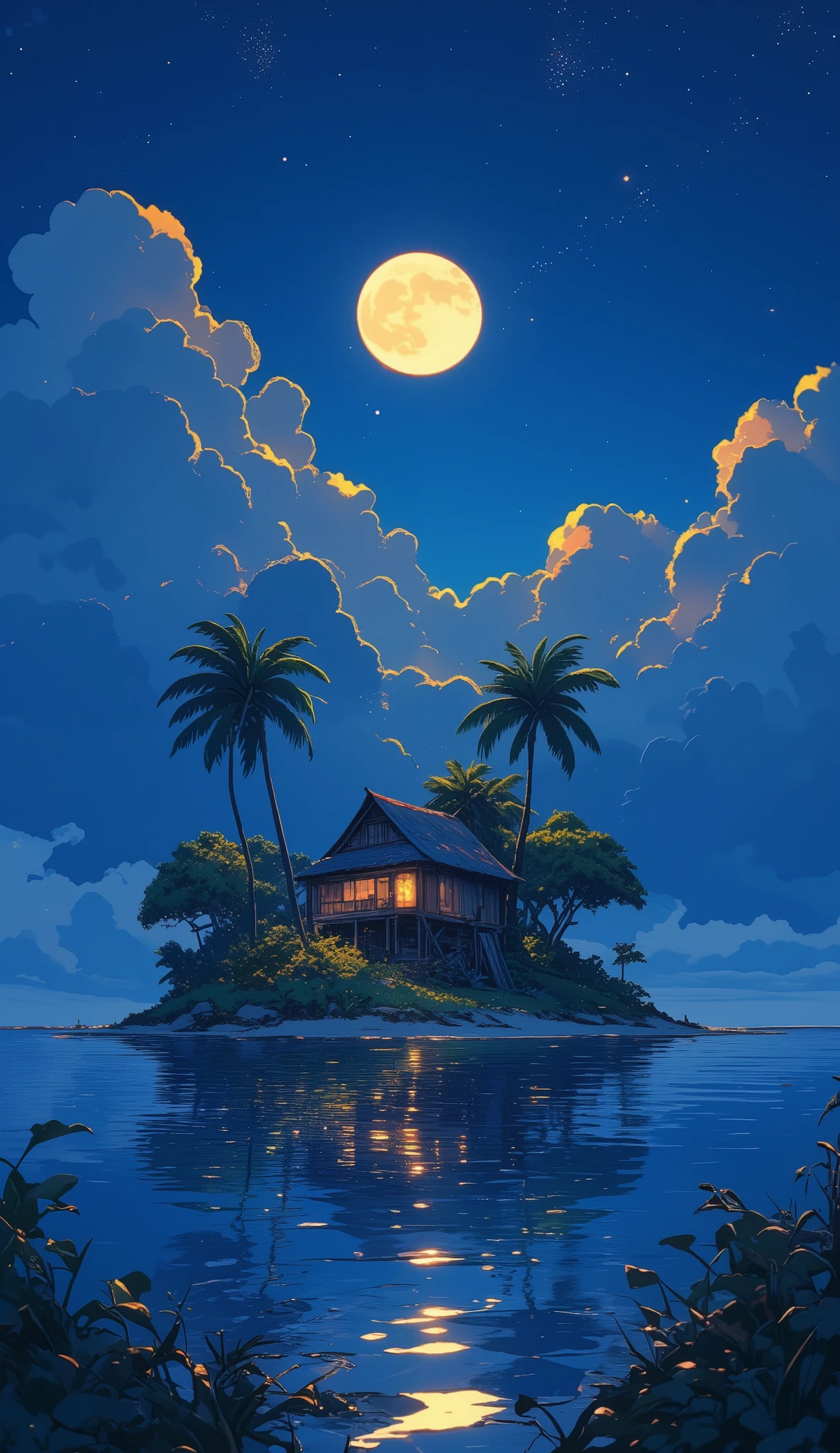 Digital illustration depicting a serene nighttime scene on a small tropical island. The layout features a central focus on a rustic wooden hut with a thatched roof, nestled among lush greenery and two tall palm trees. The island is surrounded by calm, reflective water, capturing the bright, full moon overhead. The moonlight creates a shimmering path across the water, enhancing the tranquil atmosphere. The sky is a deep blue, dotted with numerous stars, and large, fluffy clouds frame the moon, adding depth to the scene. The overall color palette consists of various shades of blue, with warm yellow and orange highlights from the moonlight. The image conveys a peaceful, idyllic setting, emphasizing the beauty of nature at night. Studio Ghibli style. 