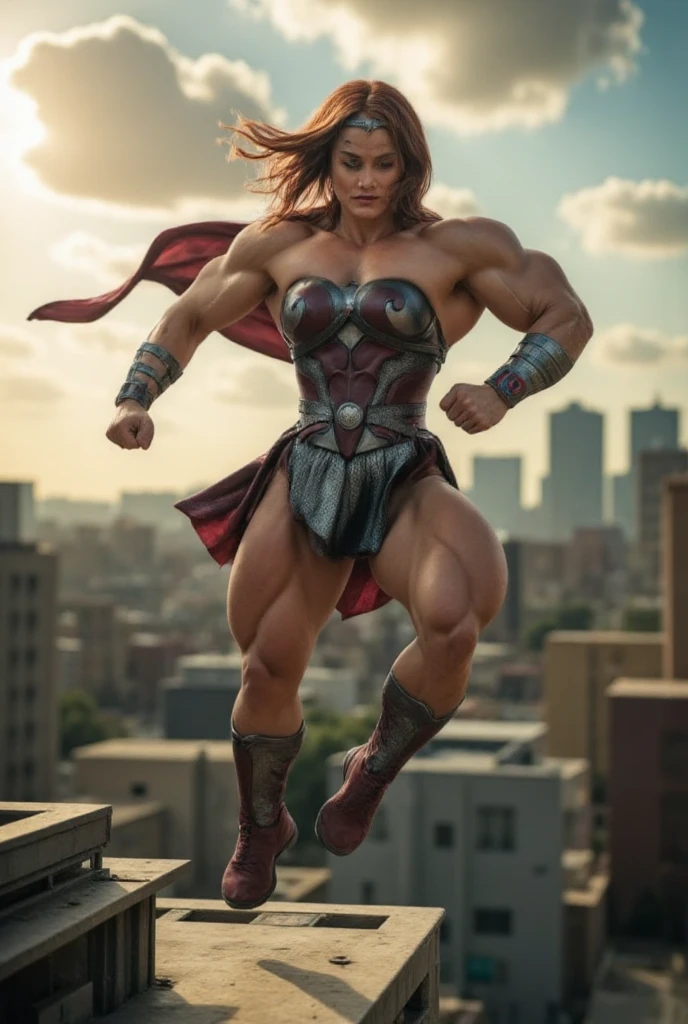 (Muscular:2), (thick thighs:1.9),
(blonde female:1.3), supergirl, (big smile:1.4), (android 18 haircut),
earrings, lipstick, eyeshadow,
(hard nipples:1.2),
(small red cape:1.3), (pleated skirt:1.6), (tanktop, midriff:1.2), choker,
(looking at viewer:1.6), (three quarter view), knees cropped, lowlegp,
(floating in midair, sky and clouds background:1.3), rim lighting, two tone lighting, dim lighting, bokeh, detailed skin, detailed eyes