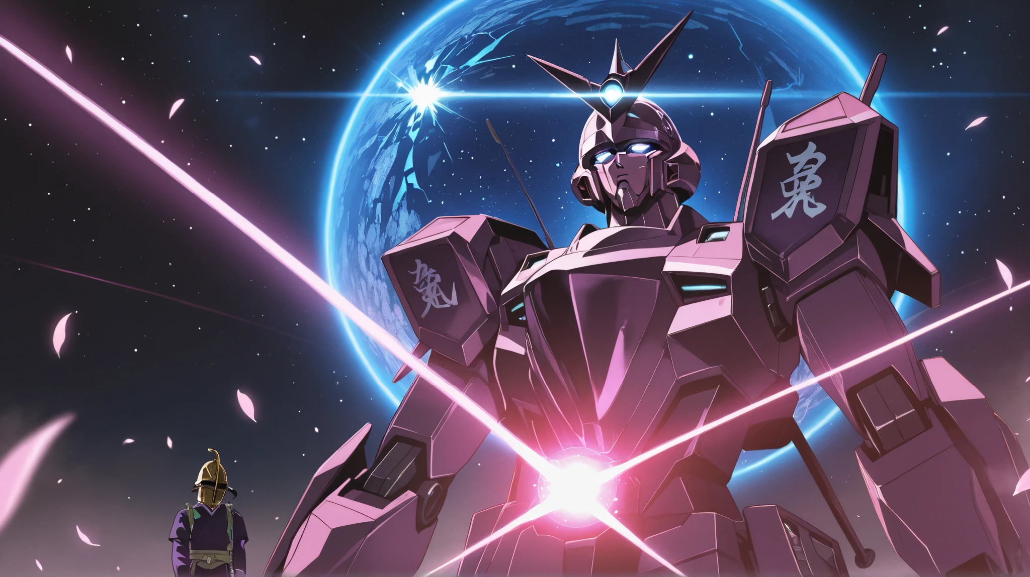 Anime cinematic still, [cyber samurai leaping through asteroid belt], traditional red lacquer armor with glowing orbital diagrams, [plasma katana creating rainbow shockwave], zero-gravity kimono sleeves blooming like solar flares, (mecha kabuto helmet with holographic men-yoroi:1.2), shattered satellite reflecting sakura petals in vacuum, retro-futuristic space shogunate battleship background, [nebula eyes glowing with kanji constellations], cel-shading with airbrush gradients, by Yoh Yoshinari + Tetsuya Nomura style, 4k anime film still
