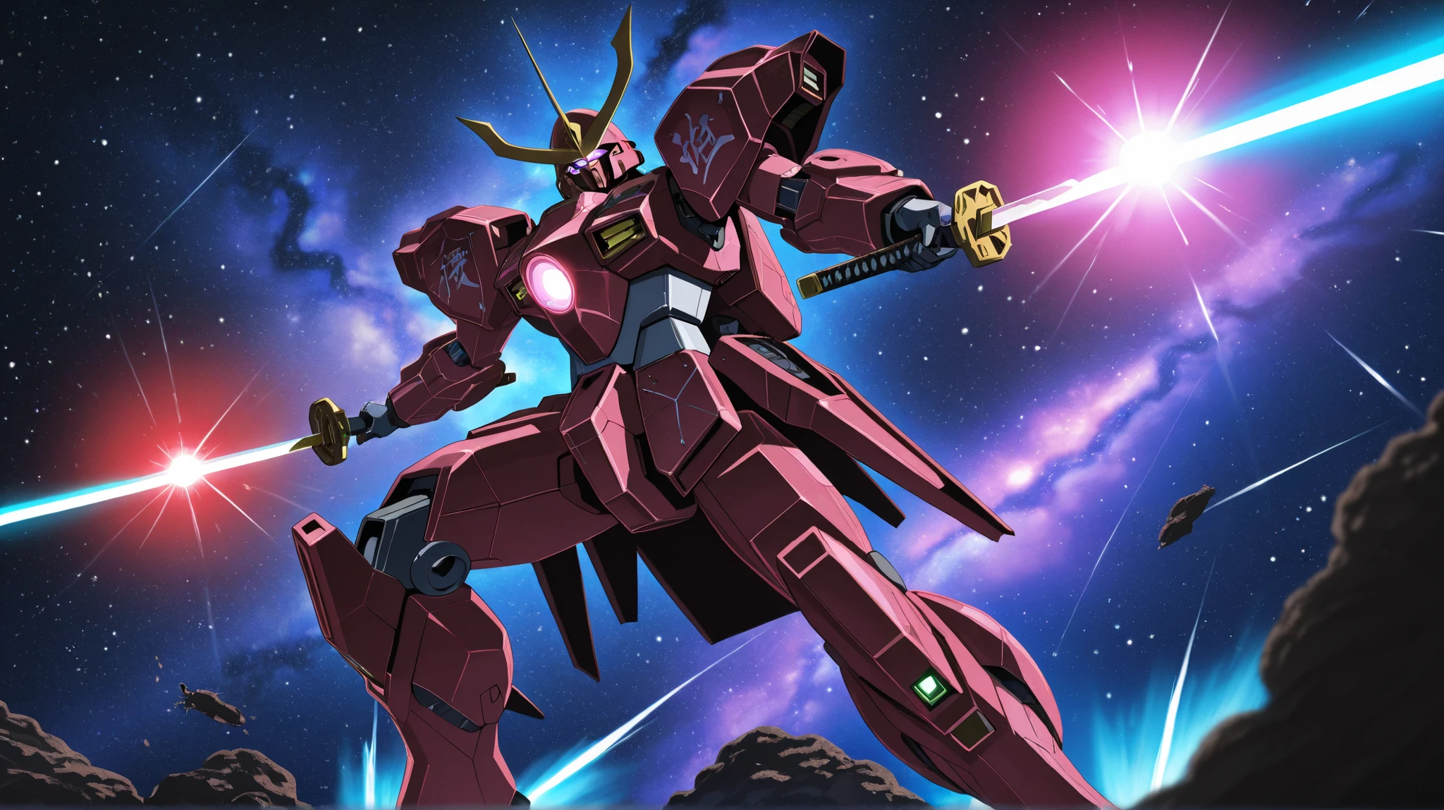 Anime cinematic still, [cyber samurai leaping through asteroid belt], traditional red lacquer armor with glowing orbital diagrams, [plasma katana creating rainbow shockwave], zero-gravity kimono sleeves blooming like solar flares, (mecha kabuto helmet with holographic men-yoroi:1.2), shattered satellite reflecting sakura petals in vacuum, retro-futuristic space shogunate battleship background, [nebula eyes glowing with kanji constellations], cel-shading with airbrush gradients, by Yoh Yoshinari + Tetsuya Nomura style, 4k anime film still