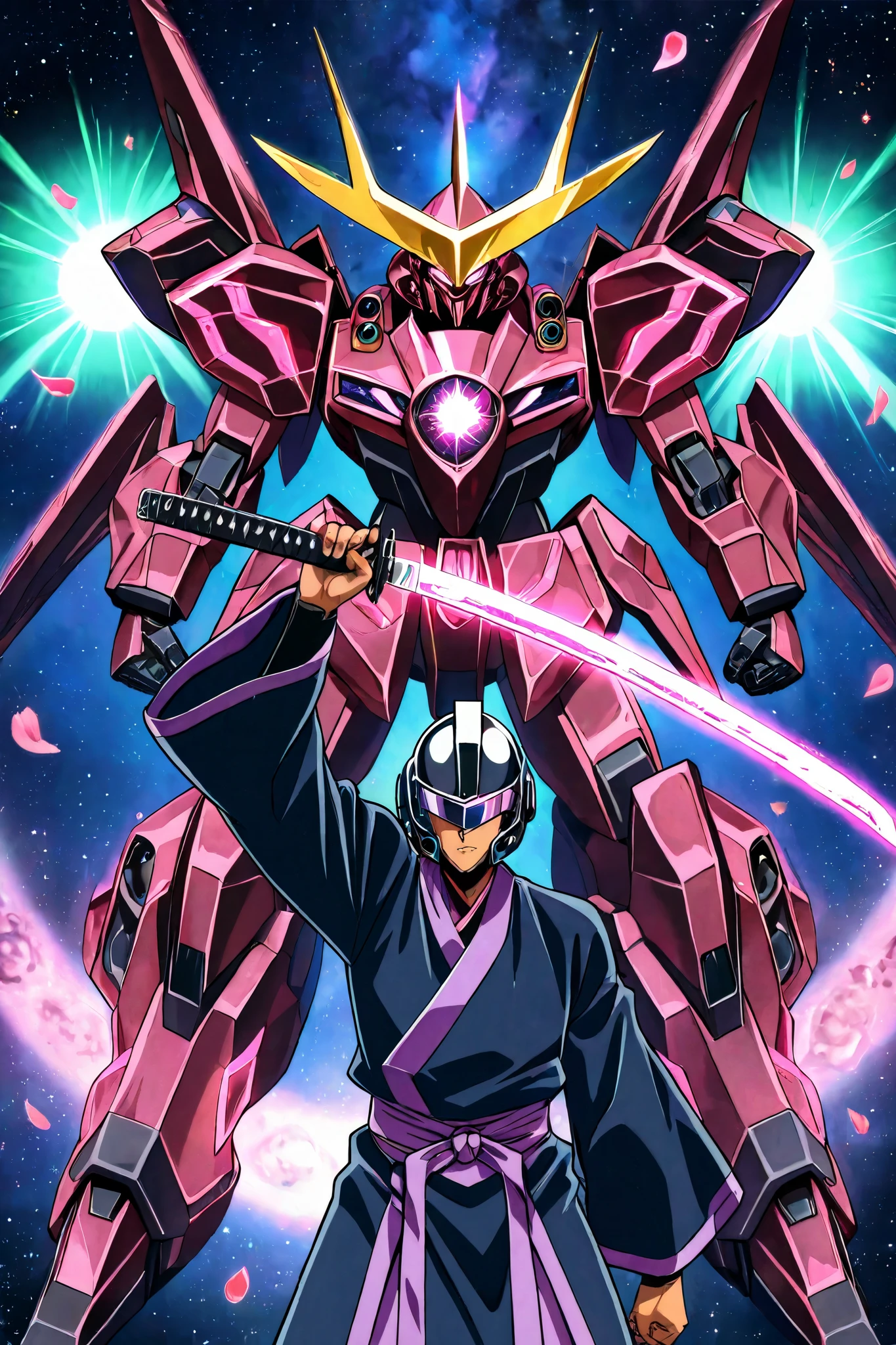 Anime cinematic still, [cyber samurai leaping through asteroid belt], traditional red lacquer armor with glowing orbital diagrams, [plasma katana creating rainbow shockwave], zero-gravity kimono sleeves blooming like solar flares, (mecha kabuto helmet with holographic men-yoroi:1.2), shattered satellite reflecting sakura petals in vacuum, retro-futuristic space shogunate battleship background, [nebula eyes glowing with kanji constellations], cel-shading with airbrush gradients, by Yoh Yoshinari + Tetsuya Nomura style, 4k anime film still