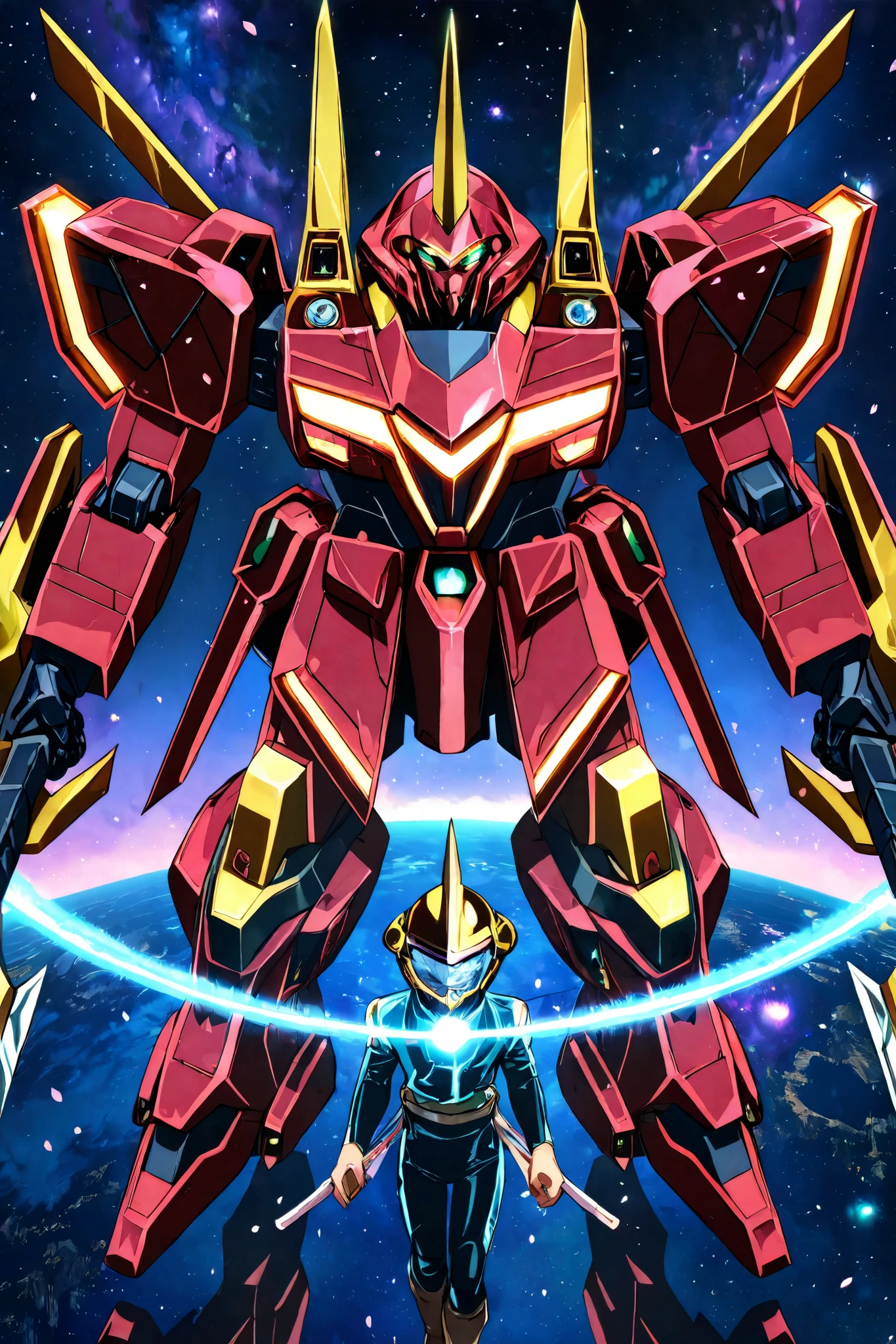 Anime cinematic still, [cyber samurai leaping through asteroid belt], traditional red lacquer armor with glowing orbital diagrams, [plasma katana creating rainbow shockwave], zero-gravity kimono sleeves blooming like solar flares, (mecha kabuto helmet with holographic men-yoroi:1.2), shattered satellite reflecting sakura petals in vacuum, retro-futuristic space shogunate battleship background, [nebula eyes glowing with kanji constellations], cel-shading with airbrush gradients, by Yoh Yoshinari + Tetsuya Nomura style, 4k anime film still