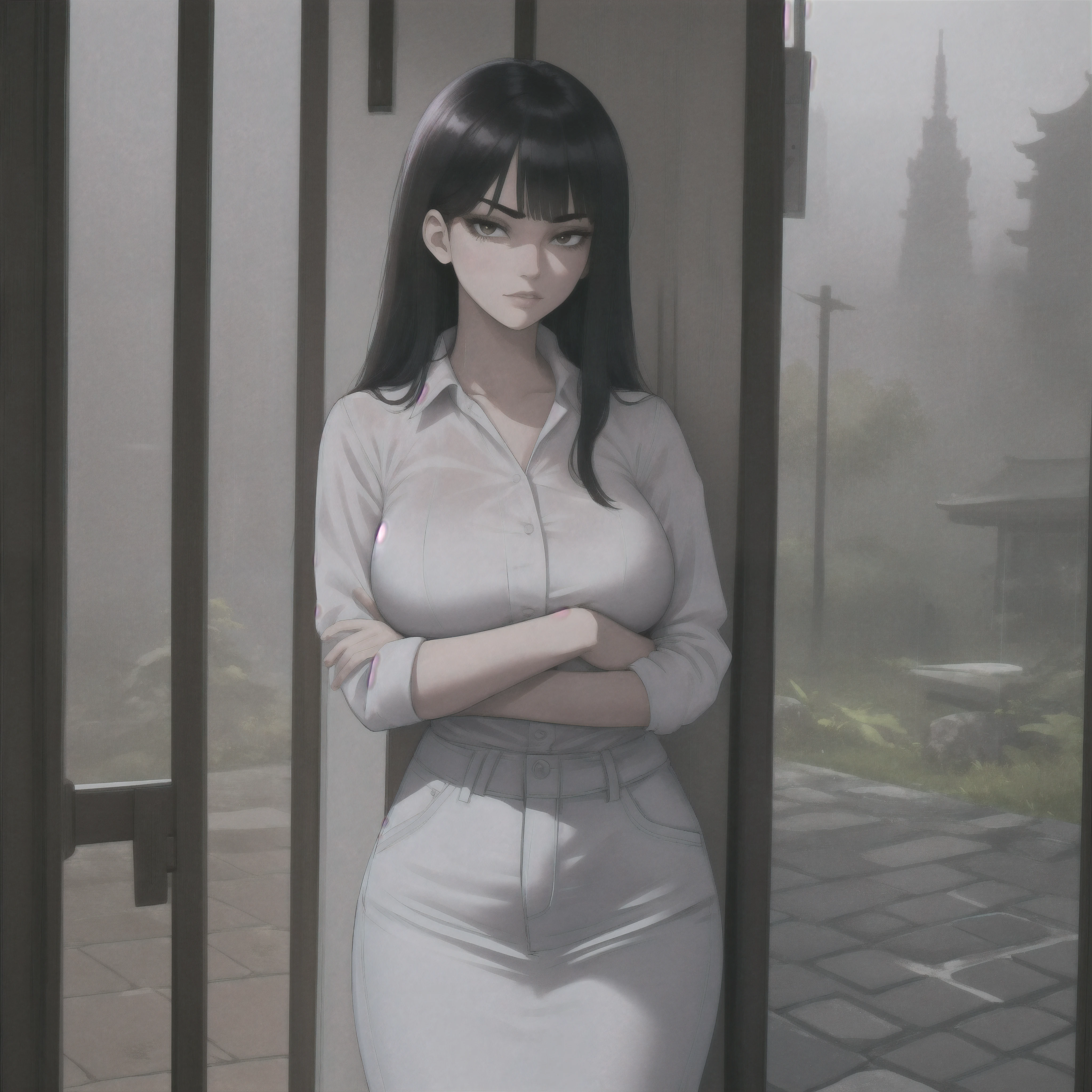 (Night:1.7), Japan, Tokyo, CityView, Before Window,
Standing at attention,crossed arms,
White_shirt, Jeans, shirt covering her chest,
Black_hair,Long_hair,Brown_eyes,Bangs,
1 girl, 24yo,mature female,Beautiful Finger,Beautiful long legs,Beautiful body,Beautiful Nose,Beautiful character design, perfect eyes, perfect face,
looking at viewer, in the center of the image,
NSFW,official art,extremely detailed CG unity 8k wallpaper, perfect lighting,Colorful, Bright_Front_face_Lighting,
(masterpiece:1.0),(best_quality:1.0), ultra high res,4K,ultra-detailed,
photography, 8K, HDR, highres, absurdres:1.2, Kodak portra 400, film grain, rainy background, bokeh:1.2, lens flare, (vibrant_color:1.2)
(Beautiful,Large_Breasts:1.6), (beautiful_face:1.5),(narrow_waist), in front of the door, raining outside, clotes damp wet, hair damp wet, shy but arrogant expression