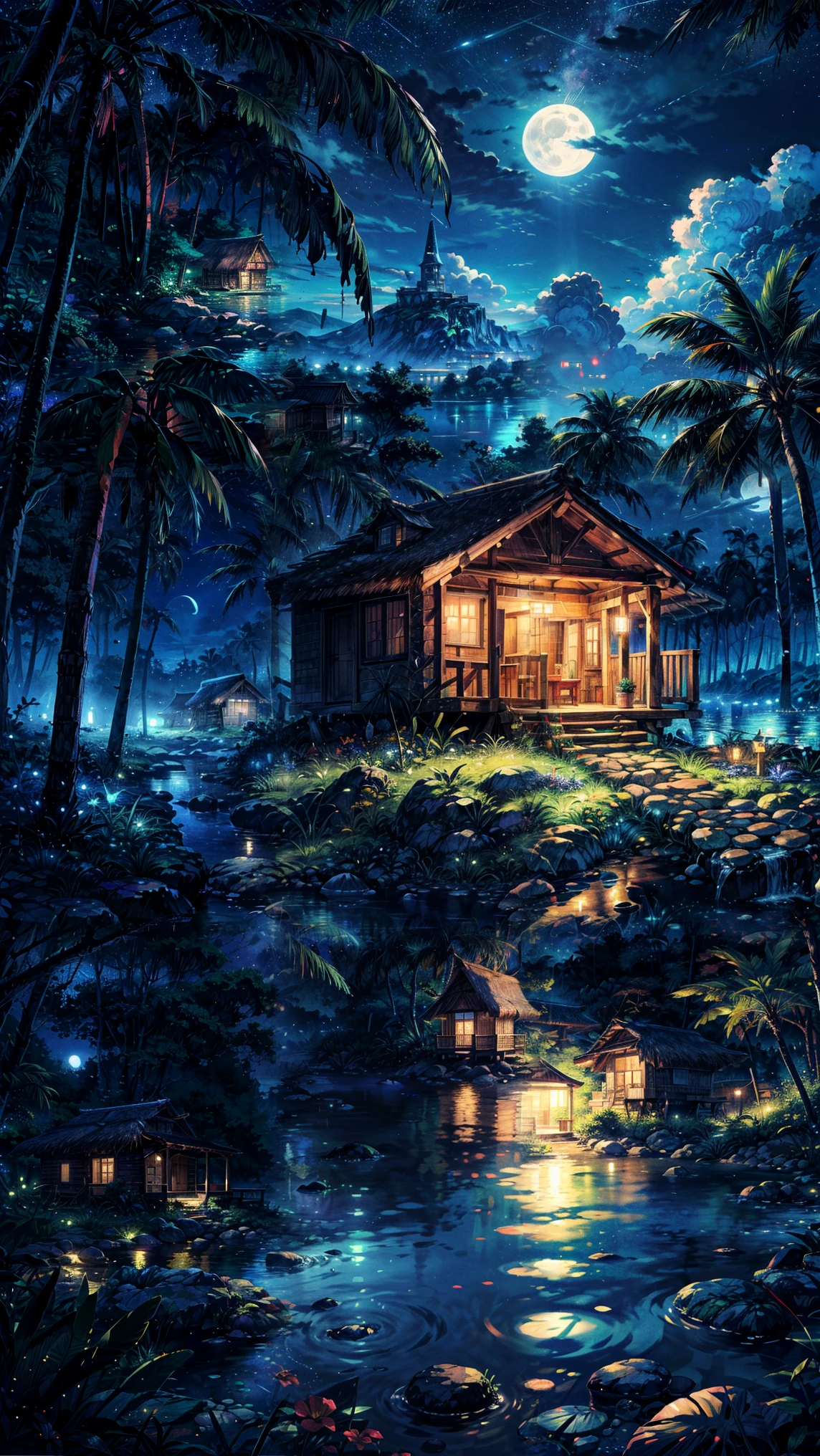 Digital illustration depicting a serene nighttime scene on a small tropical island. The layout features a central focus on a rustic wooden hut with a thatched roof, nestled among lush greenery and two tall palm trees. The island is surrounded by calm, reflective water, capturing the bright, full moon overhead. The moonlight creates a shimmering path across the water, enhancing the tranquil atmosphere. The sky is a deep blue, dotted with numerous stars, and large, fluffy clouds frame the moon, adding depth to the scene. The overall color palette consists of various shades of blue, with warm yellow and orange highlights from the moonlight. The image conveys a peaceful, idyllic setting, emphasizing the beauty of nature at night. Studio Ghibli style. 