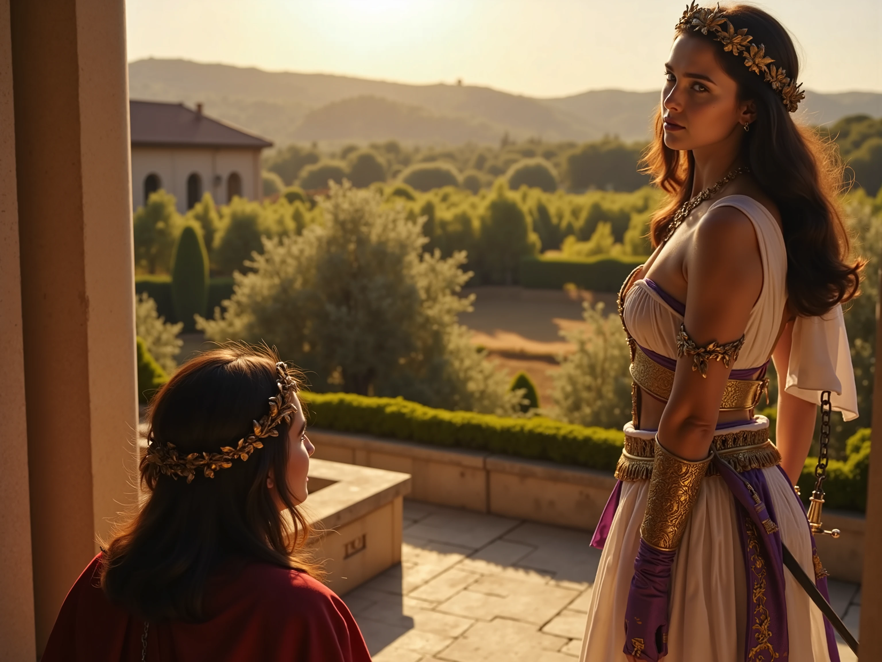   quality, silent:

 photorealistic,  highly detailed, warm colors,  historically accurate .
Scene,  background:

 A magnificent Roman country estate with vineyards , Olivenhainen und einem Herrenhaus im klassischen römischen silent. Die Sonne geht unter und taucht die Scene in goldenes Licht.
Figure, Styling:

A young Roman patrician Daria, proud and elegant ,  in a white tunic with purple details , low neckline,  A golden belt and fine jewelry .  she wears a laurel wreath as a sign of her victory and a sword at her side.
Pose, Mood:

 She is standing on a terrace ,  looks at her estate with satisfaction , While a prisoner of war kneels before her in chains. Die Mood ist triumphierend und friedlich.
 Avoiding unwanted elements :

 No modern elements ,  no unrealistic details .