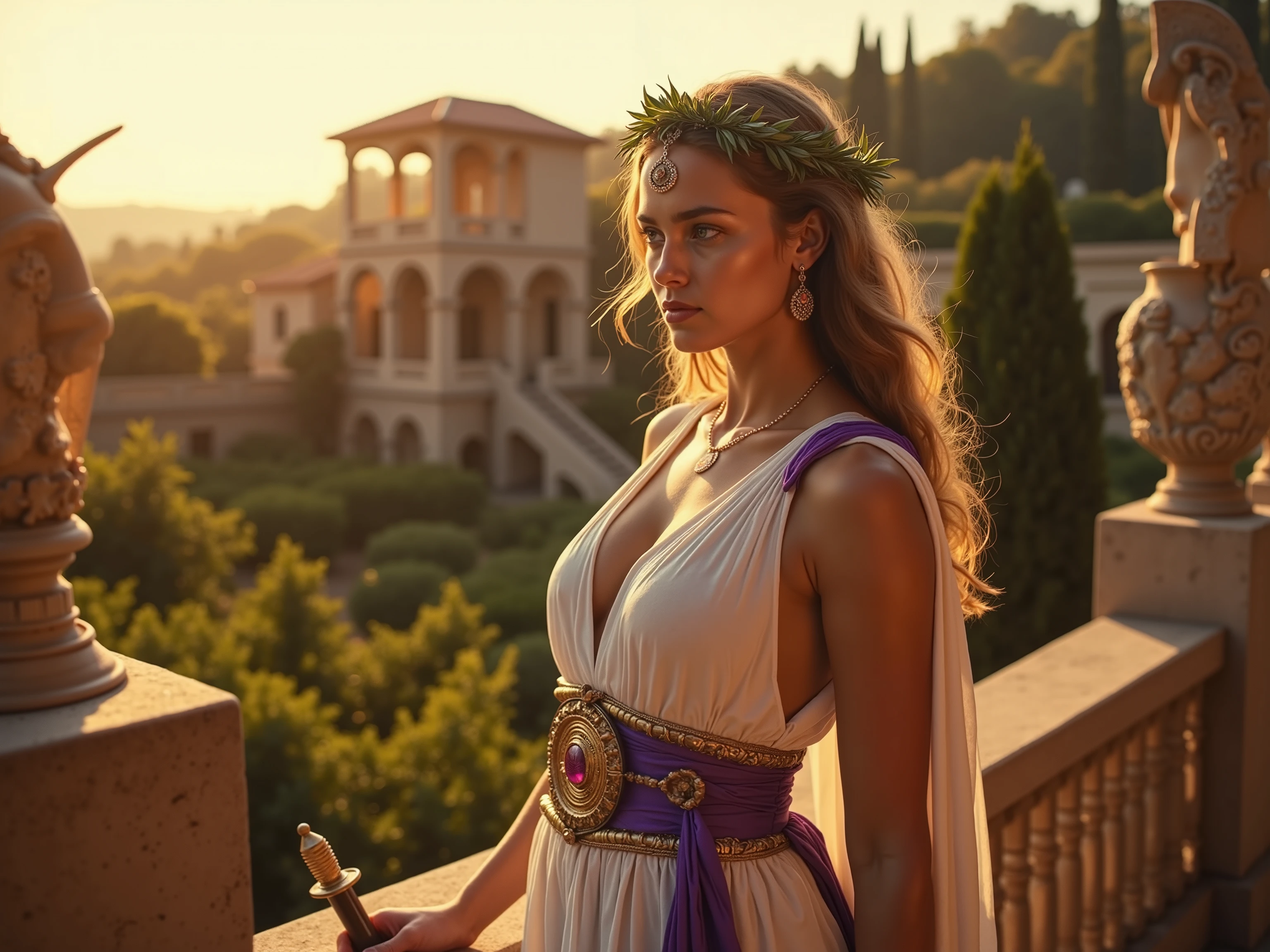 quality, silent:
photorealistic, highly detailed, warm colors, historically accurate .
Scene, background:
A magnificent Roman country estate with vineyards , Olivenhainen und einem Herrenhaus im klassischen römischen silent. Die Sonne geht unter und taucht die Scene in goldenes Licht.
Figure, Styling:
A young Roman patrician Daria, proud and elegant , in a white tunic with purple details , low neckline, A golden belt and fine jewelry . she wears a laurel wreath as a sign of her victory and a sword at her side. Athletic , slim, hourglass figure
pose, Mood:
She is standing on a terrace , looks at her estate with satisfaction , While a prisoner of war kneels before her in chains. Die Mood ist triumphierend und friedlich.
Avoiding unwanted elements :
No modern elements , no unrealistic details .