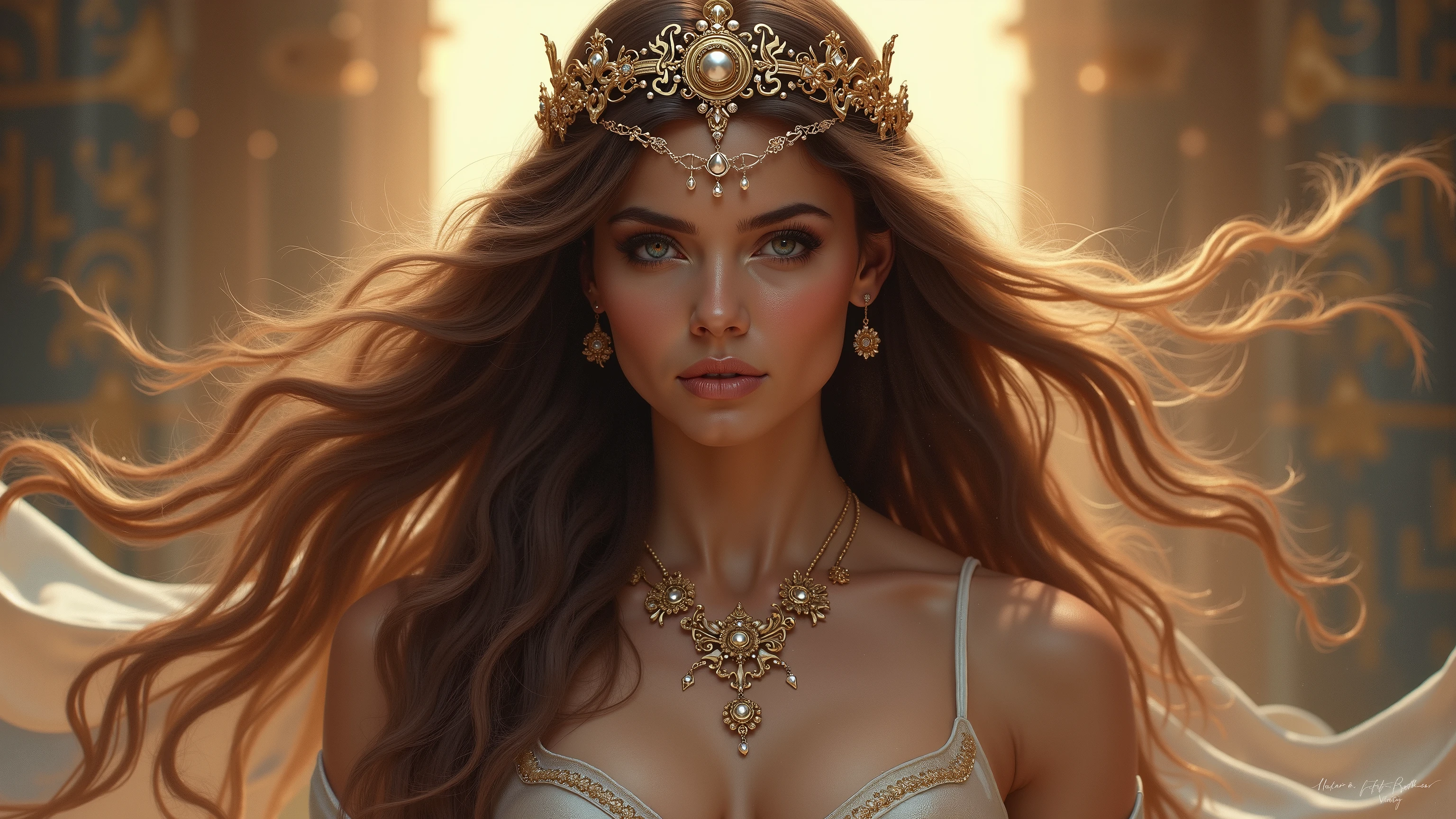 Absurd, ultra-detailed, high quality, masterpiece, detailed face, beautiful eyes(detailed eyes), Greek mythology, Goddess, Hera , the queen of the gods, striking and captivating, features are classically beautiful, with high cheekbones, a perfectly proportioned face, eyes depicted as large and captivating, hold an intense gaze, golden hair , Gole hair is luxuriant and flowing, cascading down her back in waves , wearing elegant robes adorned with intricate patterns , Her beauty is not merely superficial but embodies the essence of power, authority, and regality, good open breast, good booty, much torn in clothes, view to thigh, many torn in clothes, view to thigh,