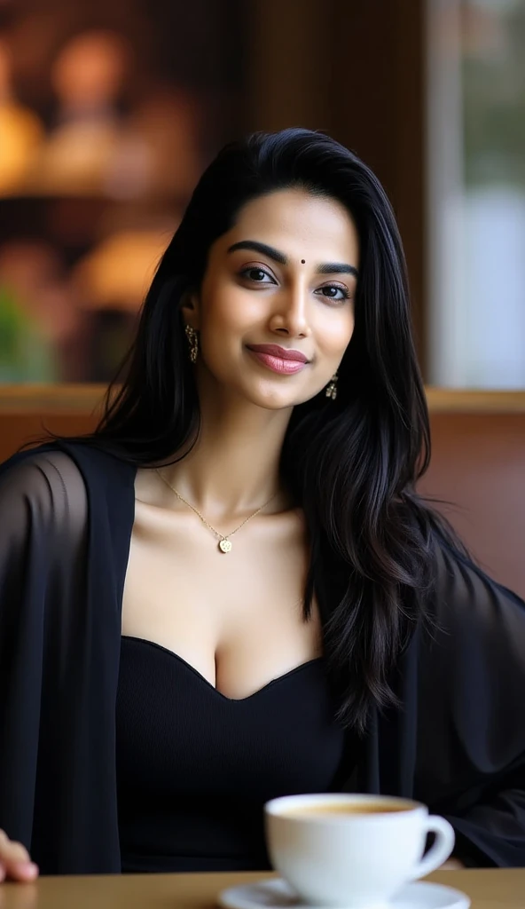 there is a Pakistani woman with big , long straight black hair , lifelike face , young and cute girl , 1 , attractive girl , cute pretty , very beautiful girl , 2 , 2 , with cute face - beautiful , girl with cute face , girl next door innocent look , beautiful seductive smile , portraite, Big Breasts 1.8 with black lace and silk bra ((voluminous breasts))