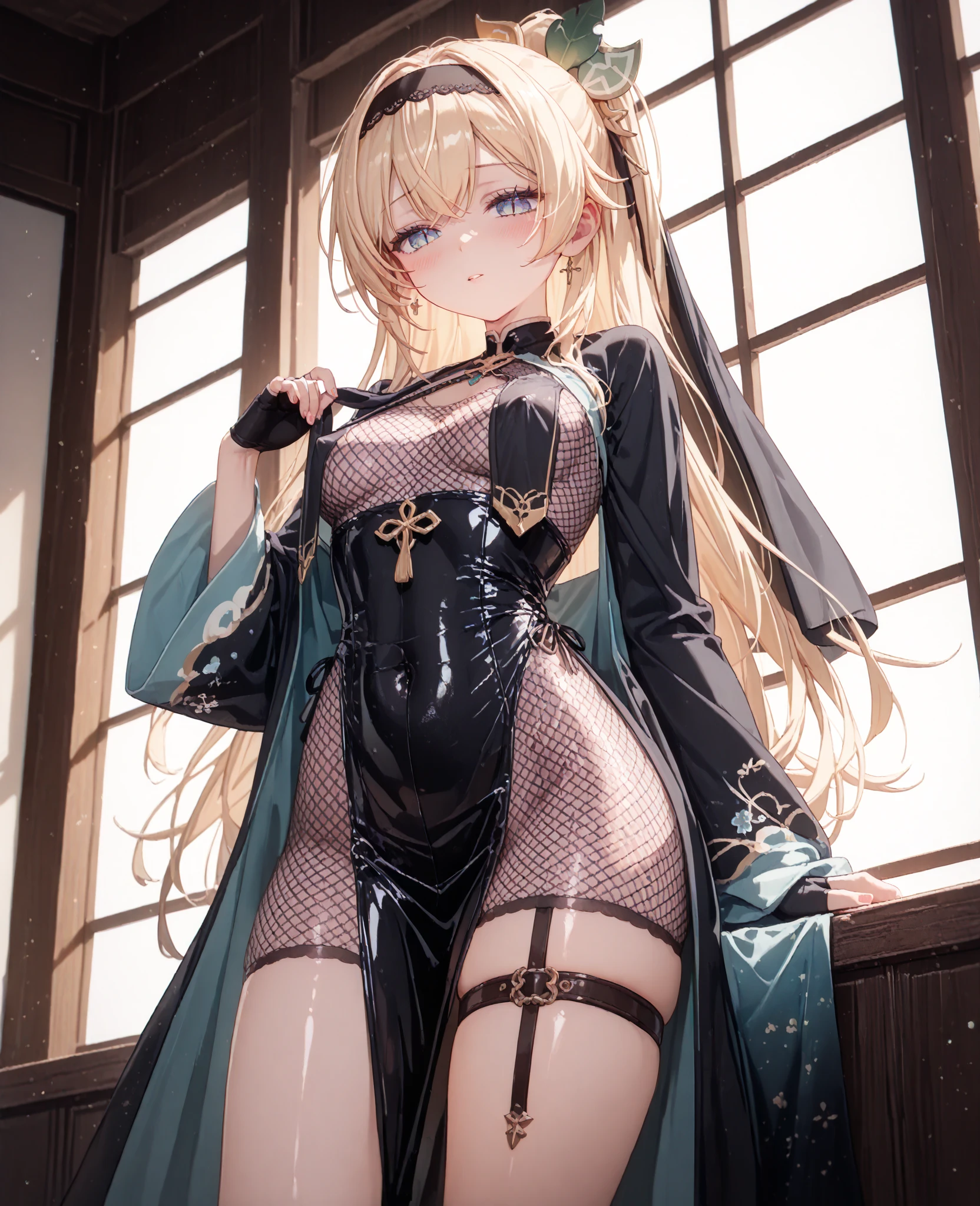(NSFW、masutepiece:1.2, Best Quality), Realistic, (, Intricate details, depth of fields), (1girl in, 独奏、upper body ), make up, ighly detailed, Gorgeous perfect face, ((Huge breasts、((Beautiful nipples 、big areolae:1.4))、Constriction、Low waist、nabel)), (Skindentation), Average waist, tall, ((Aerina、Long、hairs between eyes、elongated eyes)), Shiny skin,Very shiny skin:1.3、A sexy, Blushing, ((She wears lace white panties、Cameltoe)) , Curve, thigh-high socks、(Seductive Dynamic Poses) ,(hanging breasted、Natural breasts、droopy chest) , (disproportional tits), (animal collar, Chained),(Dark Prison、Dark Dungeon:1.4)、(Your clothes are immoral, Your clothes are obscene)、((Shibari, arms behind back:1.4)), ((Hands on back)), (masterpiece, top-quality)、Sweating、(Wet)