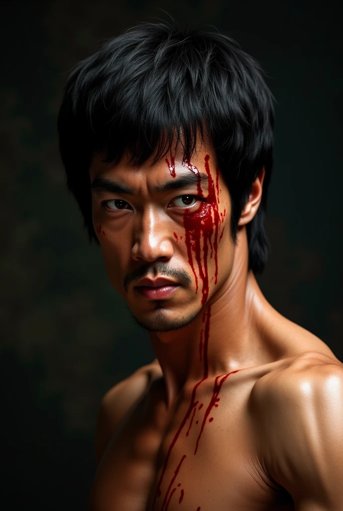 ‎front view representation close up full skinny body of an asian skinny body male scar face with messy unkempt curly short dry black hair layers disheveled and shabby dirty suntanned skins covered in wounds, her body many Splattered transparent red viscous liquid on surface of her skins with shiny, slick texture with visible smudges, streaks, and droplets of varying viscosity, Her body covered in bloody scars, opened wounds and riddled with many bullet small holes on skins. stands victorious on the ropes, gripping his heavy platinum championship belt as the roaring crowd showers him in gold and purple confetti. with pale blue smokes curling from his lips while he is holding a tip of cigarette between his fingers, the cigarette is burned and smolders then emits pale blue smokes. The background on this side shows a dystopian future – ruined buildings, smoke, fire, and darkness. The two halves are split cleanly and mirror each other, sharing the same pose, emphasizing the contrast between youth and experience, hope and despair. Cosmic particles float around him, adding a subtle time-fracture effect. Full-body, anime cinematic style, ultra-detailed, dramatic lighting, high resolution.
‎