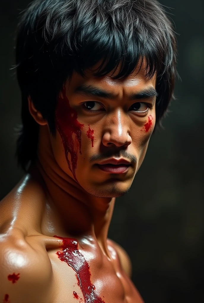animation style , side view, (Bruce Lee hand clenched into a fist), (((bloody scar cuts on the face cheek))), atmospheric lights, god rays, perfect male face, ultradetailed, (((wearing black tuxedo))), ((rectangular blocks of transparent ice in the background), smooth, High Detail, soft bokeh background