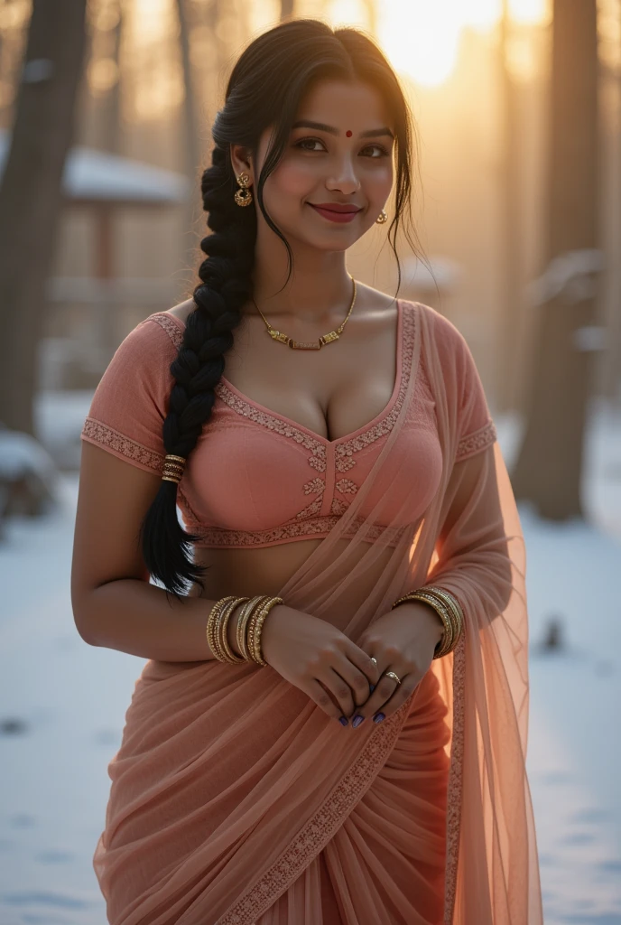 (((((((A)))))))half body of confident-looking Bangladesh woman, (masterpiece, best quality:1.2), ((((((solo)))))), ((((((1girl)))))), ((looking at camera)), hazel eyes, a smile on the face, royal and lusty look, standing posing like a professional model for a photoshoot, (((Huge Boobs))), perfect composition and light, hyper realistic skin texture, super background decorations detailed, 8k, high quality, trending art, trending on art station, photo, intricate details, highly detailed, ((((Cropped Breast Wear)))), (((Snow Boarding background)))), (((wearing a bright colour Saree with designs and patterns with sleeves))), (((((big sexy body shape))))), (((Snow Boarding background behind her))), (((Portrait Fashion Photo))), hair bobbles, wince, solid circle eyes, light smile, ear blush, fang, ccurate, makeup, hairband, ((double bun)), Surrealism, drop shadow, anaglyph, stereogram, tachi-e, pov, atmospheric perspective, glowing light, backlighting, ray tracing, image fill, anaglyph, stereogram, scanlines, speed lines, silhouette, vignetting, 8k, super detail, best quality