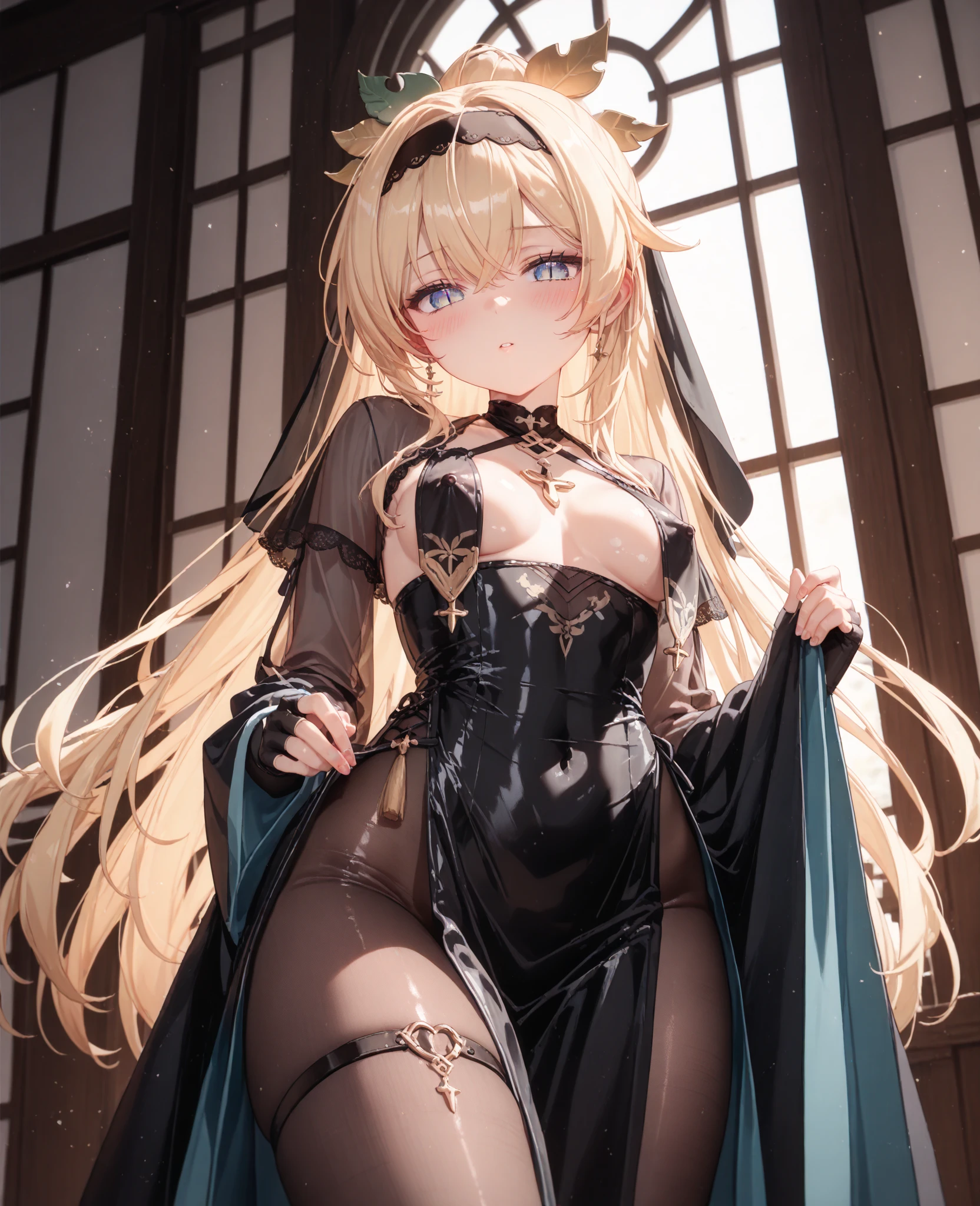 1 girl, decorationsผม, subjective point of view, backlit, decorations, chest, long hair, Solo, Sena is a slender young woman, about 160 centimeters tall. She has pale skin like someone who lives in darkness all the time. Sena&#39;s hair is long to the middle of her back, dark black, and is often left loose and flowing in the wind. Her eyes are light blue, but when using the power of nightmares, her eyes will turn into a deep purple, glowing. She usually wears a long black cloak that helps hide in the shadows, and has a hood that partially covers her face. Sena&#39;s clothes tend to focus on ease of movement and body protection at the same time. The high boots she wears allow her to move silently without leaving any traces. A dagger is attached to one of her waists, which is the main weapon she uses to kill her enemies in her nightmares. She has a cold and calm demeanor, but beneath this calmness lies a strong determination to take revenge on those who have wronged her. Sena&#39;s face is filled with sadness, but when she enters a fight, her eyes will clearly show cruelty and bravery.