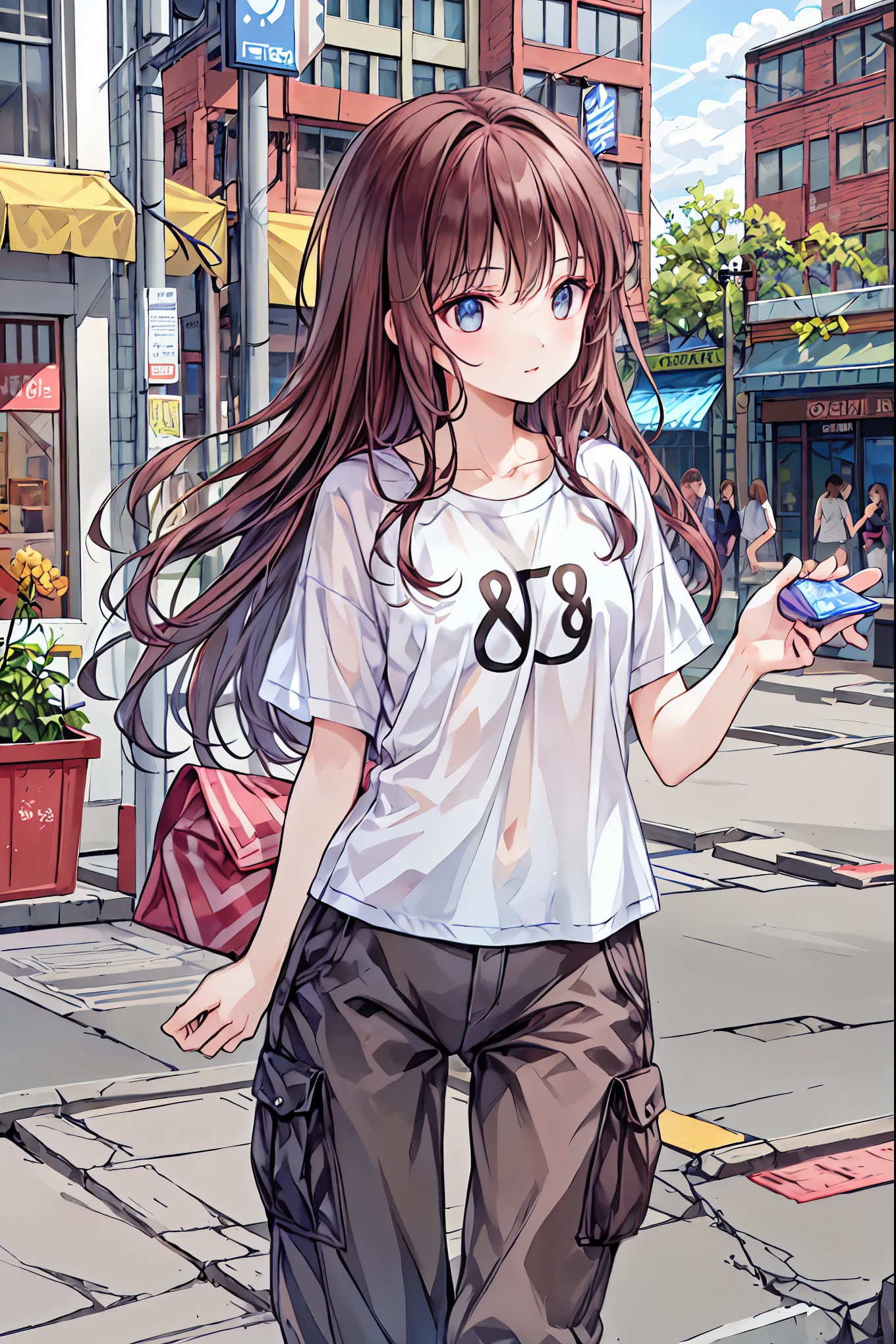 1girl, long brown hair, brown eyes, wearing plain white shirt, denim shorts, rain, city, crying, absurdres, high res, ultrasharp, 8K, masterpiece, looking at viewer