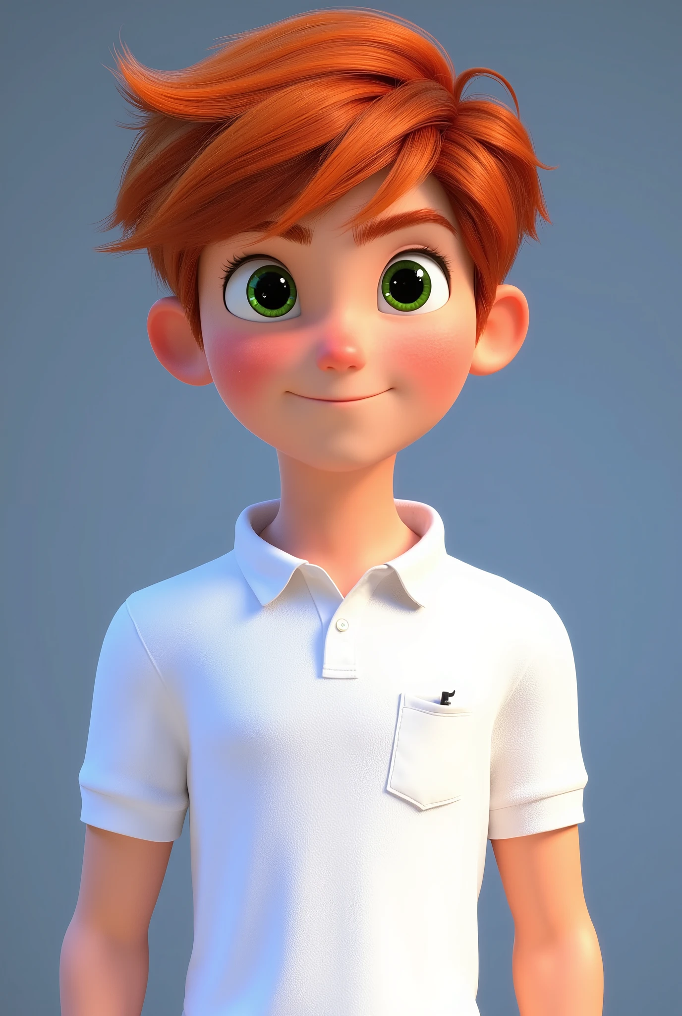 A boy of around 18 years old, red hair with a gradient haircut, greenish brown eyes, dressed in a white golo polo with a pocket without details on the chest, pixar style image reaching from the waist up