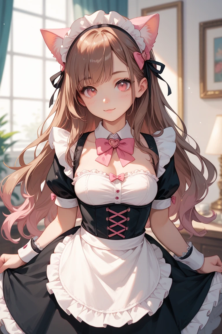 ((32k)), ((best quality)), ((ultra high res)), ((HDR)), ((UHD)), ((extremely detailed CG)), ((unity 32k wallpaper)), (1girl), ((14 years old)), solo, long hair, (breasts), looking at viewer, blush, smile, bangs, thighhighs, bow, holding, cleavage, jewelry, (pink bikini), (medium breasts), closed mouth, standing, swimsuit, (pink hair), short sleeves, bikini, ((cowboy shot)), earrings, frills, food, black thighhighs, indoors, bowtie, apron, cup, puffy short sleeves, wrist cuffs, grey eyes, thigh strap, detached collar, side-tie bikini bottom, thigh gap, table, single thighhigh, waist apron, white apron, plate, tray, teacup, cake, frilled apron, bridal garter, holding tray, cake slice, (night),