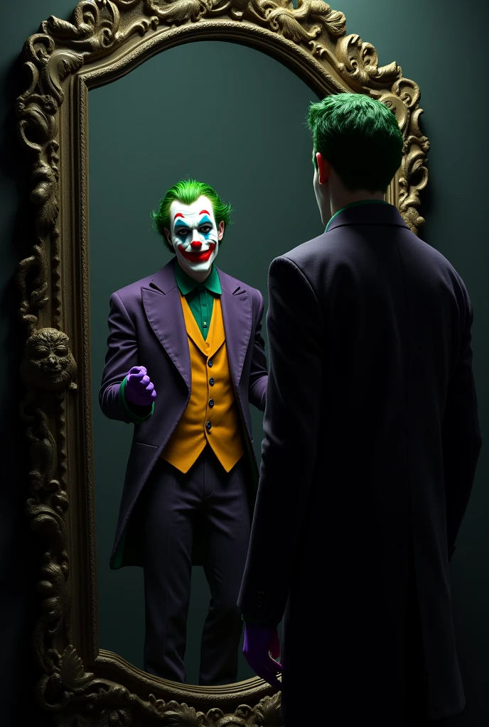 batman with his back looking in the mirror but his reflection in the mirror is not batman but it is the Joker Jerome Valeska laughing he became the reflection in the mirror