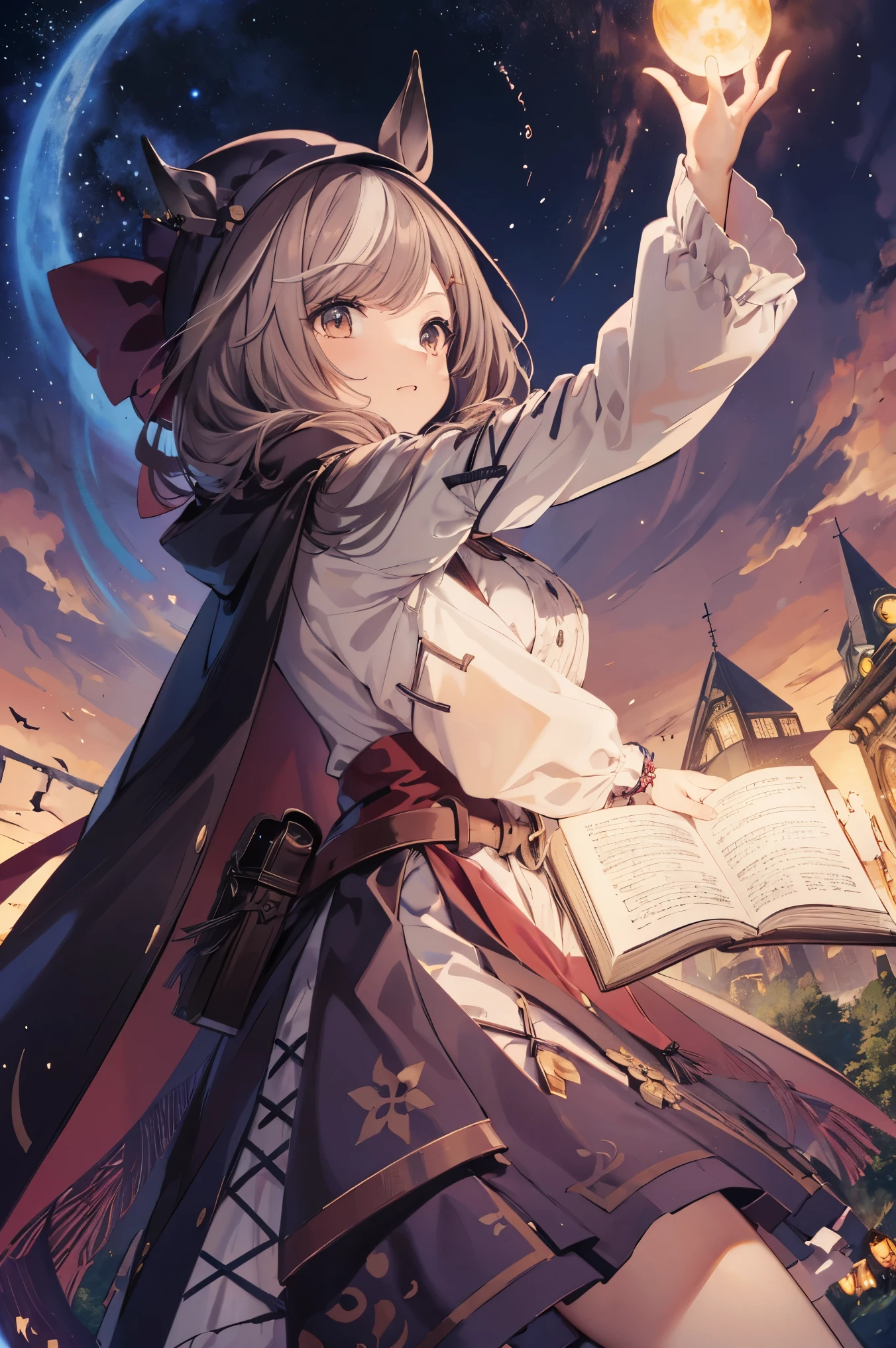 (( Machikanetanheuza)),(Mage),I have a spellbook in my hand, is casting magic, masterpiece, top quality, Ultra- detail ed, illustration, 1 girl,li, and laugh, Alone, from below/low angle, horse tail,reaching out,