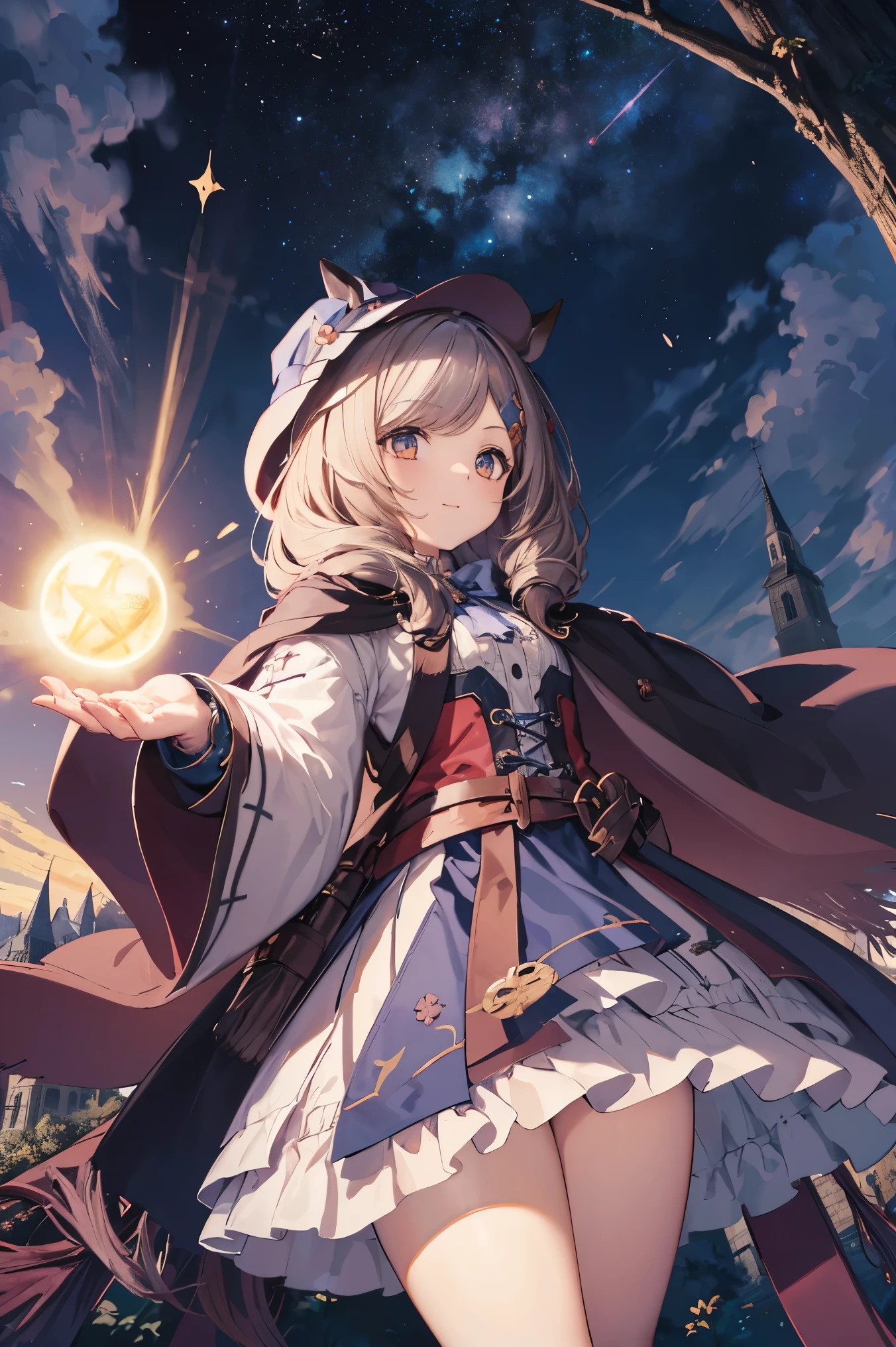 (( Machikanetanheuza)),(Mage),I have a spellbook in my hand,(( is casting magic)), masterpiece, top quality, Ultra- detail ed, illustration, 1 girl,li, and laugh, Alone, from below/low angle, horse tail,reaching out,