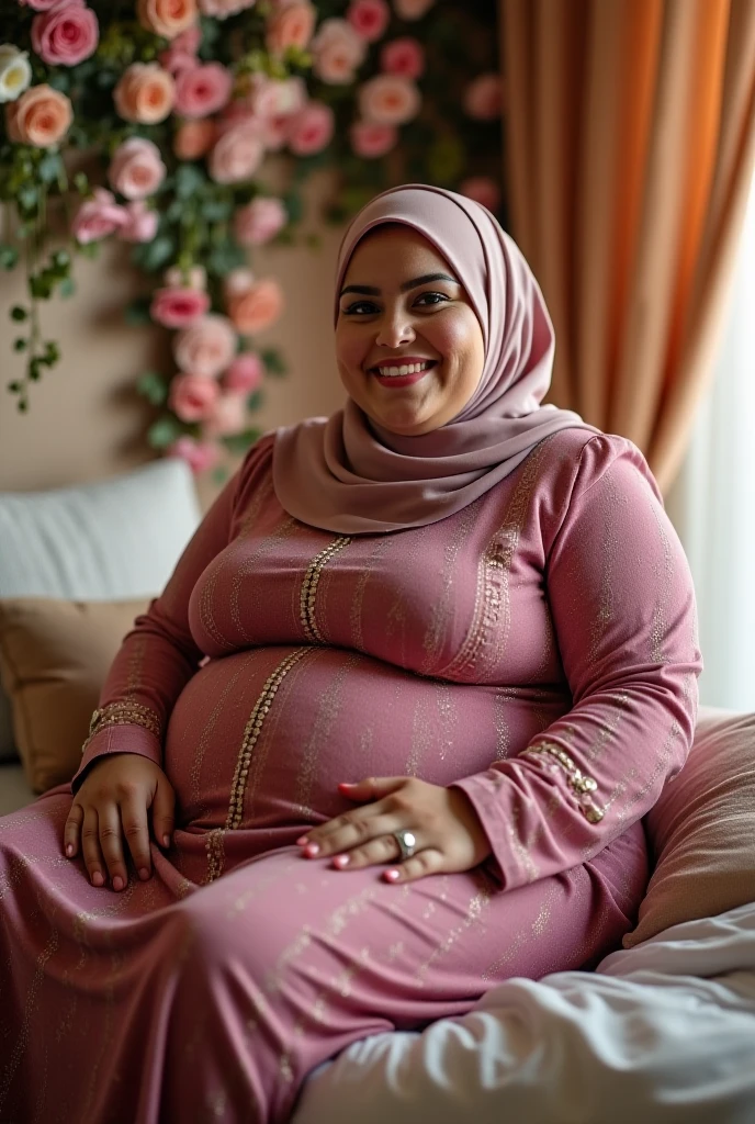 Extremely Hyperpregnant Iranian woman with huge belly wearing a dress