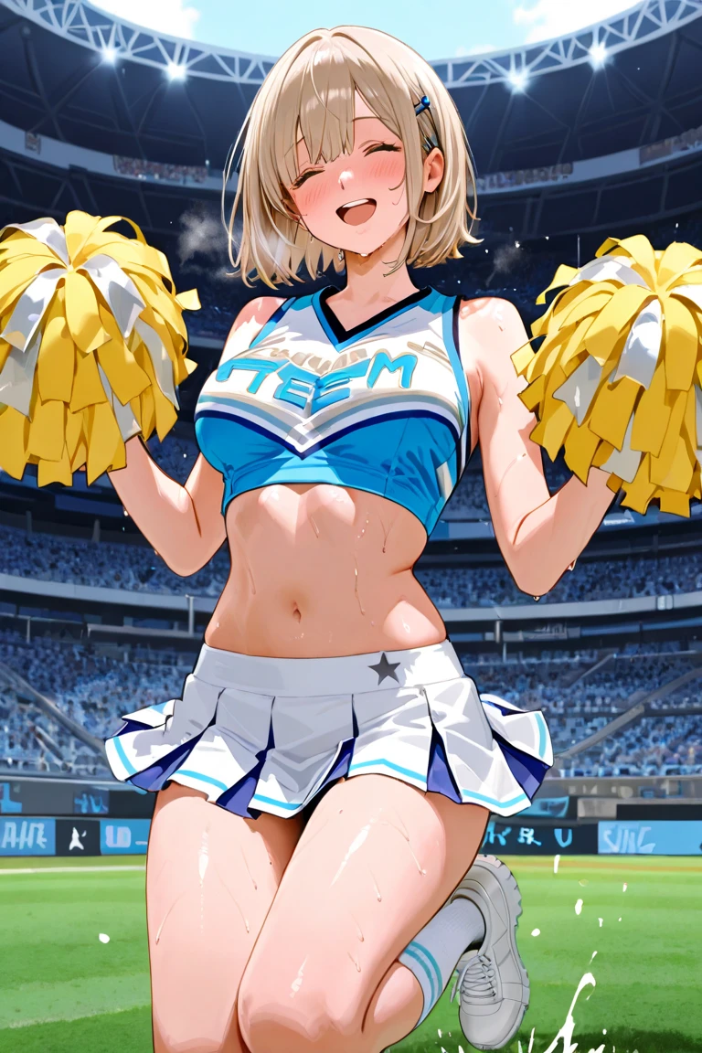 (extremely detailed fine touch:1.3), (((semi-rimless eyewear:1.3))), (wear headphones around:1.2), short hair, blunt bangs, 1girl, solo, 2.5d face, full body, grin, cheerleader, holding pom poms, medium breasts, clavicle, cleavage, midriff, sweat, glistening skin, (Executing a high kick:1.3), Motion Graphics, extremely detailed stadium, 