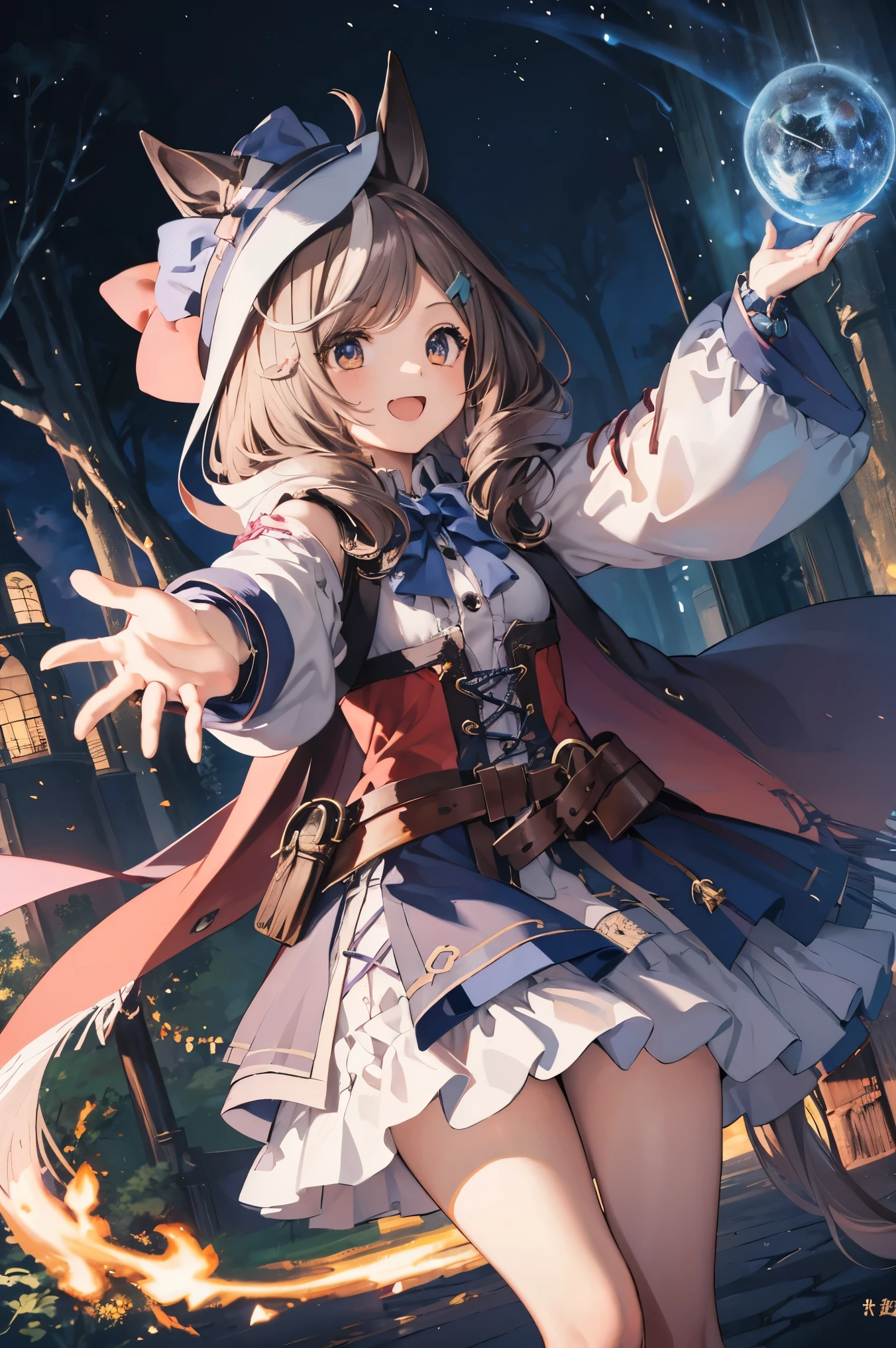 (( Machikanetanheuza)),(hat)(Mage),I have a spellbook in my hand,(( is casting magic)), masterpiece, top quality, Ultra- detail ed, illustration, 1 girl,li, and laugh, Alone, from below/low angle, horse tail,reaching out,