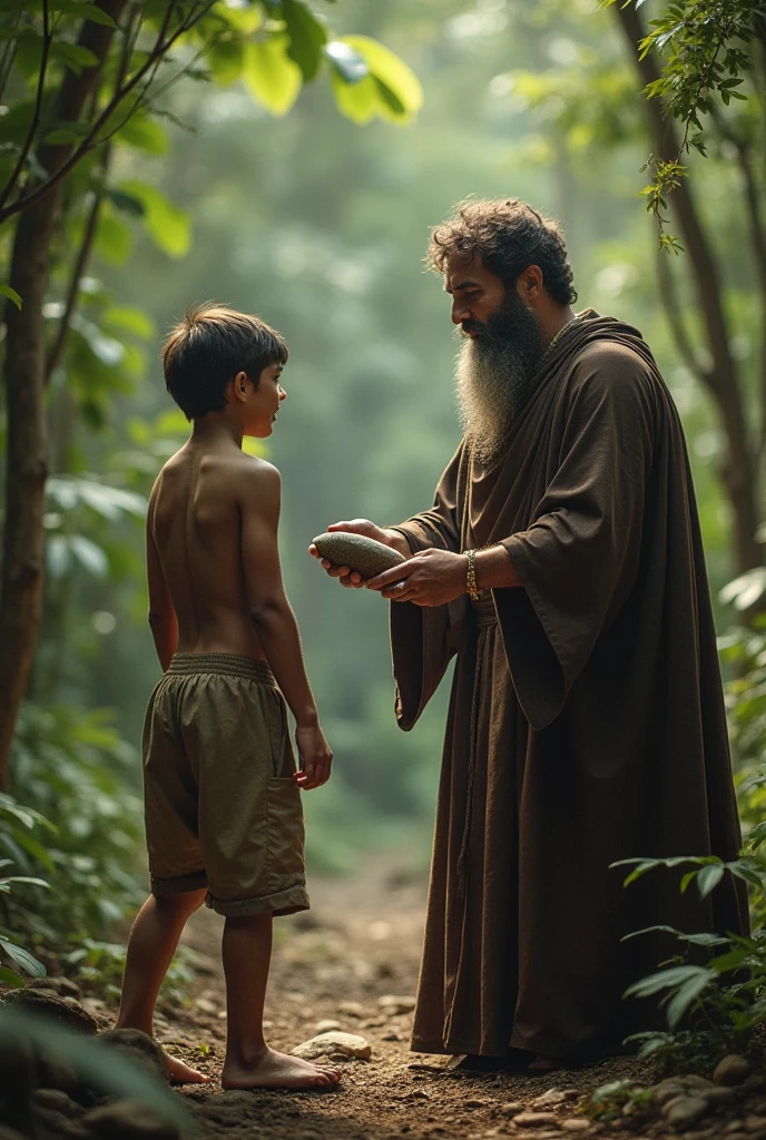Jesus resurrected next to an indigenous man in the middle of the jungle next to a river and in front of a cross