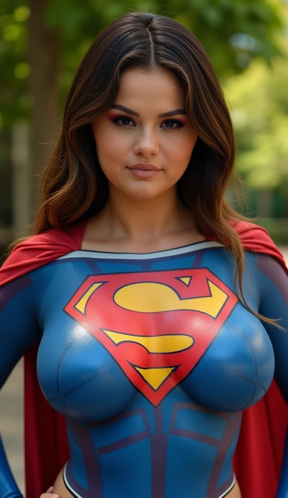 ((best quality)), ((masterpiece)), (detailed), perfect face, 1girl, cute, use supergirl wear, sexy, open half breast, cluster, shiny, all body view, smile